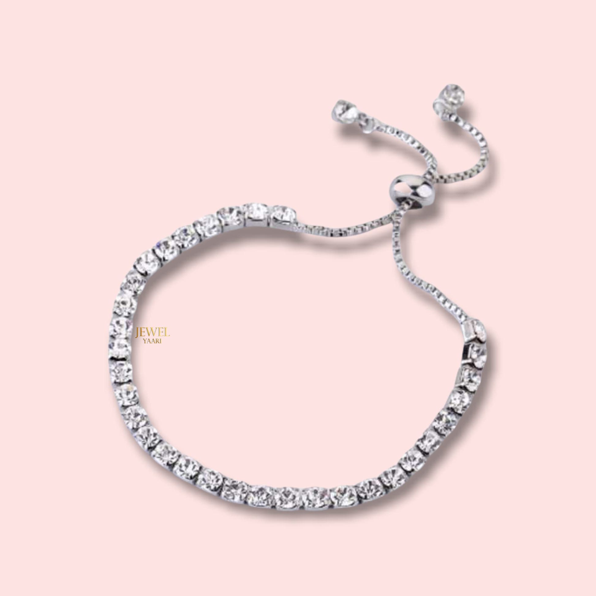 JEWELYAARI? 925 Sterling Silver Classy Cubic Zirconia Single Line Silver White Rhodium Solitaire Tennis Adjustable Bolo Bracelet for Women and Girls (925 Pure Silver) - JewelYaari By Shubham Jewellers