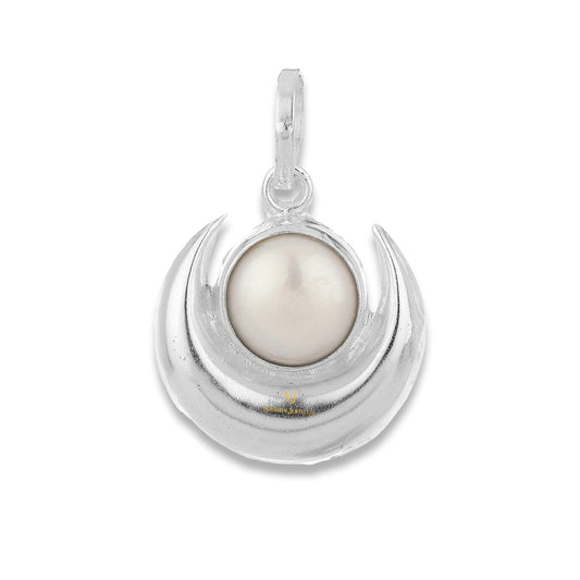 SJ Pure 925 Silver 100% Natural Pearl Silver Motif Moon Pendent, Silver Chand Pendant Locket for Women and Men