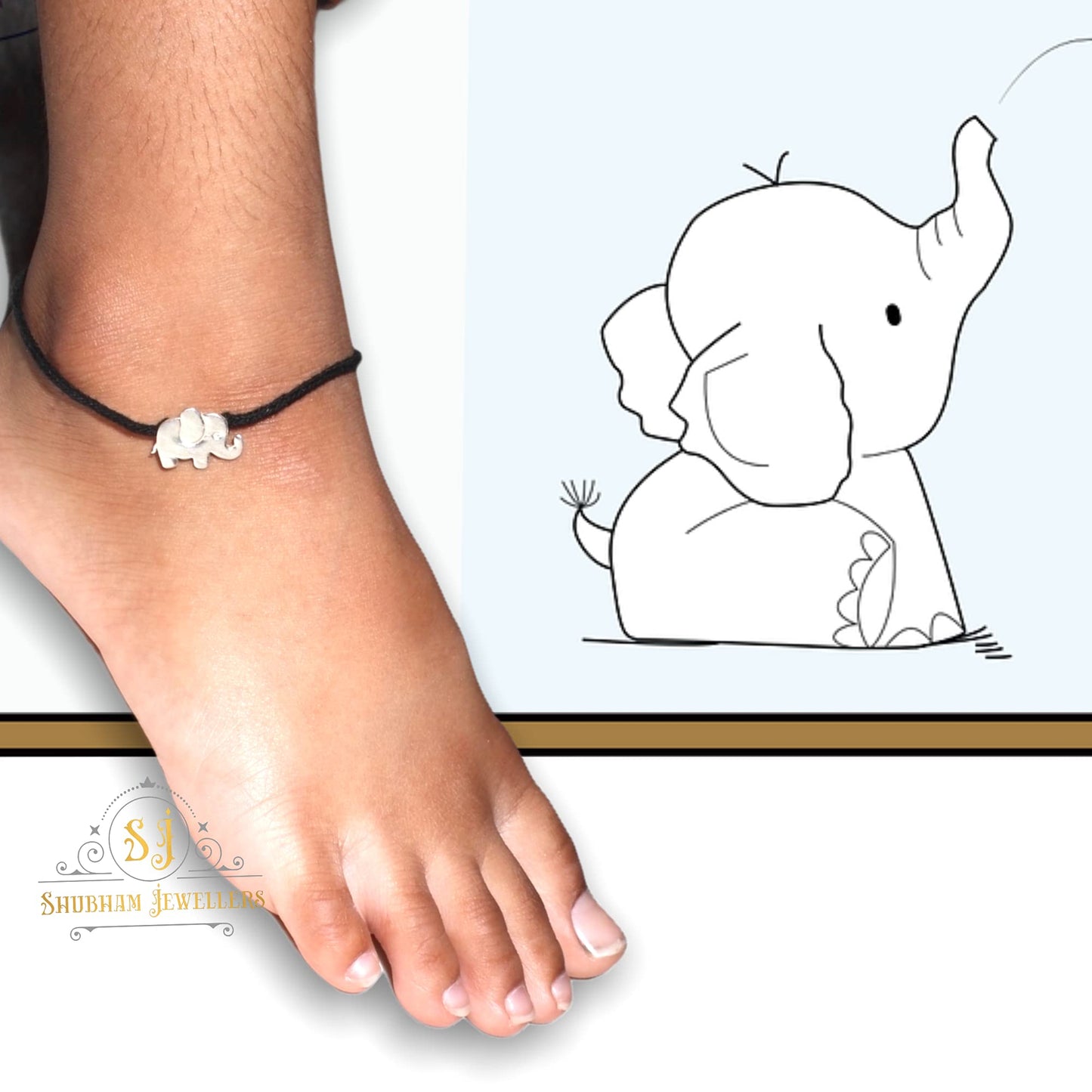 SJ SHUBHAM JEWELLERS Rehti 925 New Oxidised Silver Black Thread Elephant Nazarbattu/Nazaiya Anklet/Bracelet for Girls, Women and Children with Silver Ghunghroo