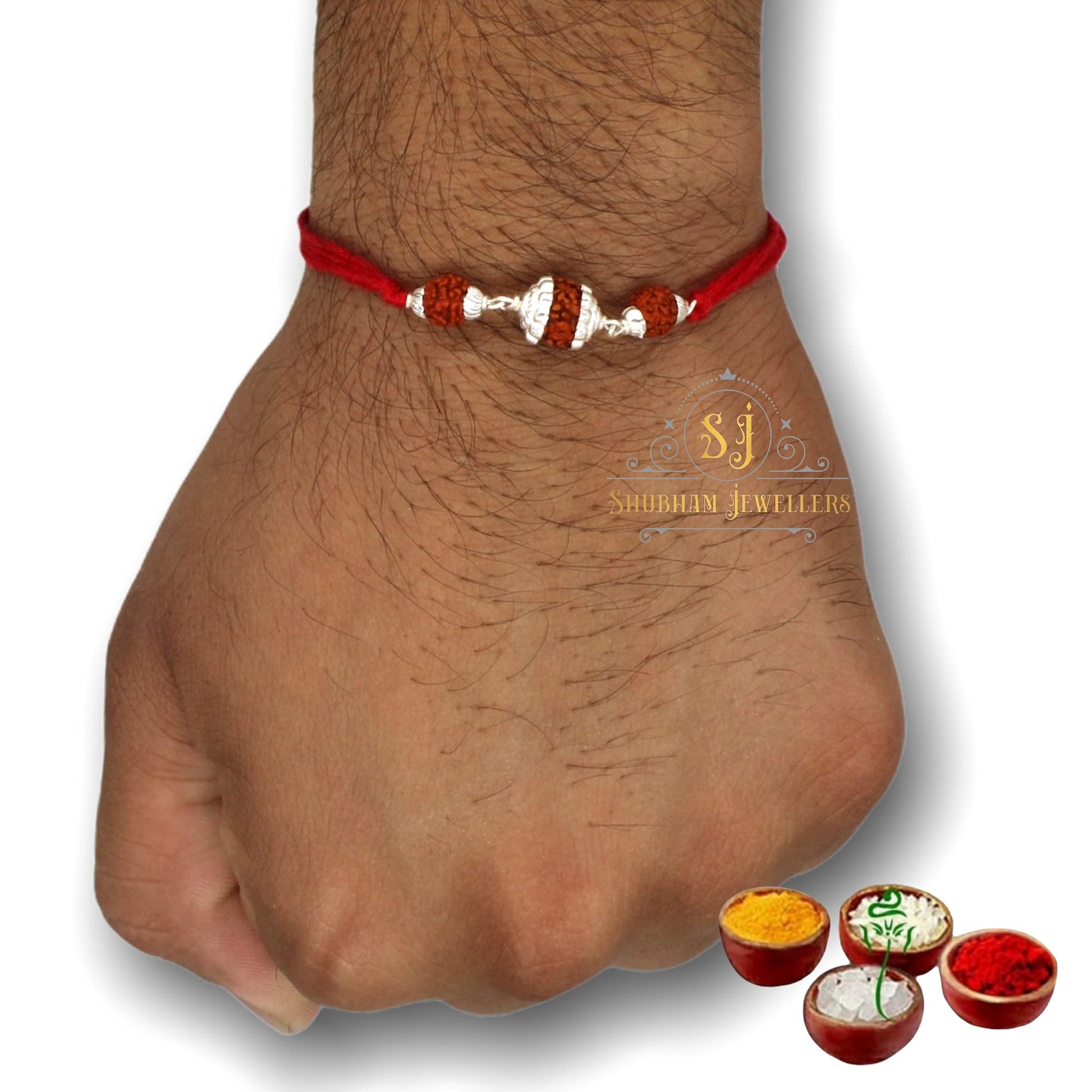 SJ SHUBHAM JEWELLERS™ 925 Sterling Silver Rakhi for brother Rudraksha Rakhi Bracelet Raksha Bandhan Pure Cotton For Men, Boys, Kids Rakhi With Roli Chawal - JewelYaari By Shubham Jewellers