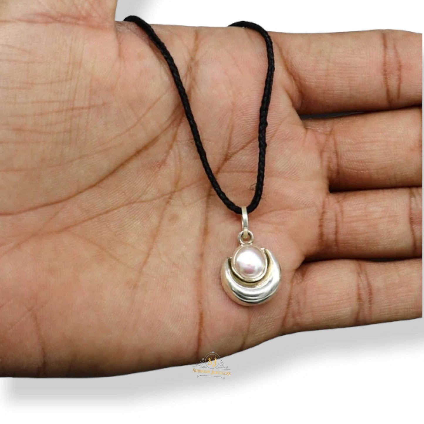 SJ Pure 925 Silver 100% Natural Pearl Silver Motif Moon Pendent, Silver Chand Pendant Locket for Women and Men