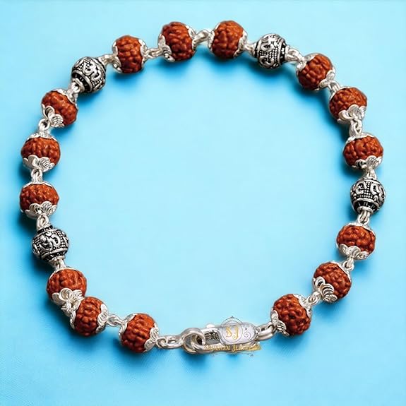 Om Silver Rudraksha Bracelet  925 Sterling Silver Handmade Dual Wire Stylish Rudraksha Bracelet Silver Rakhi For Men (4 Silver Om and Ruraksha )