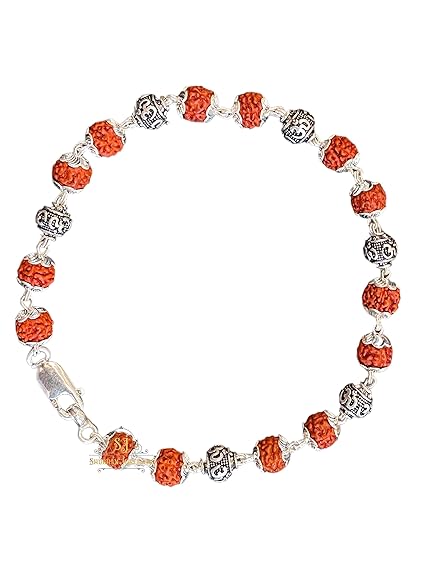 Silver Om Para Rudraksha Bracelet 925 Sterling Silver Handmade Dual Wire Stylish Rudraksha Bracelet Silver Rakhi For Men (6 Silver Om and Ruraksha)