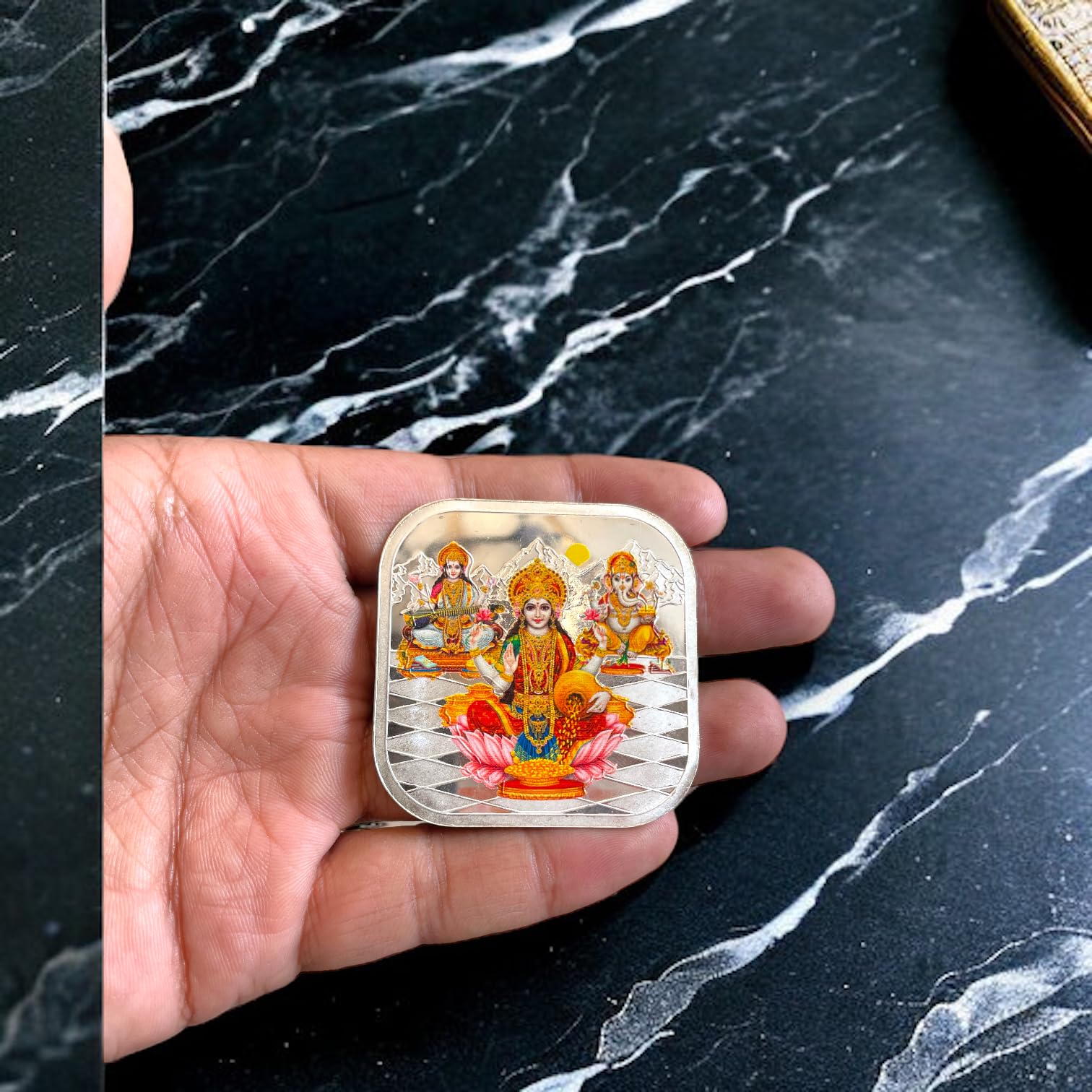 SJ SHUBHAM JEWELLERS 999 Purity Hallmark Silver Coin, Colorfull Laxmi Ganesh Saraswati Trimoorti Coin for Diwali - JewelYaari By Shubham Jewellers