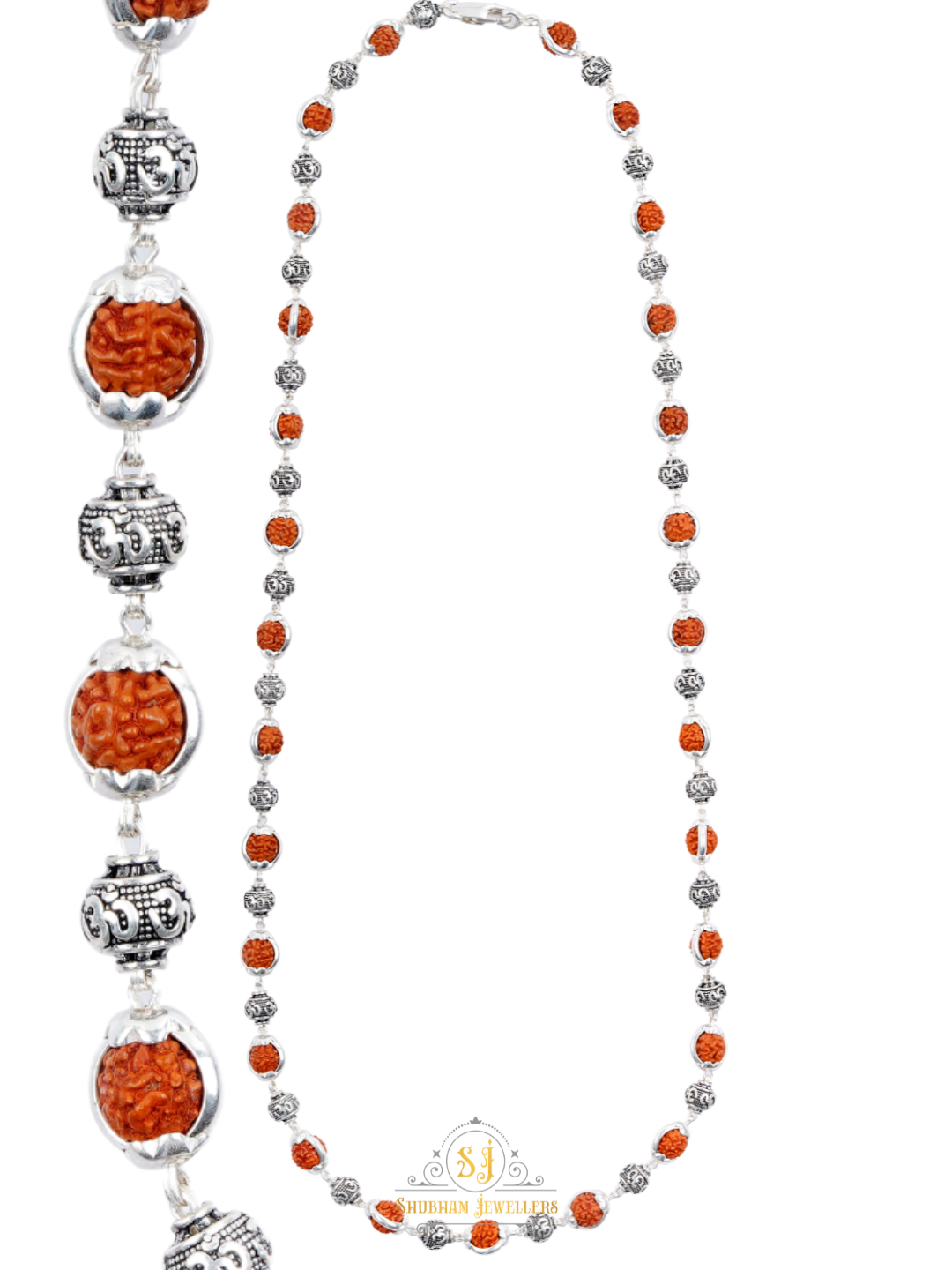 JewelYaari Rudraksha Capping Silver Mala for Men - Single Line, 925 Silver, 5 Mukhi, 27 Rudraksha Beads and 27 Silver Beads, 24 Inch