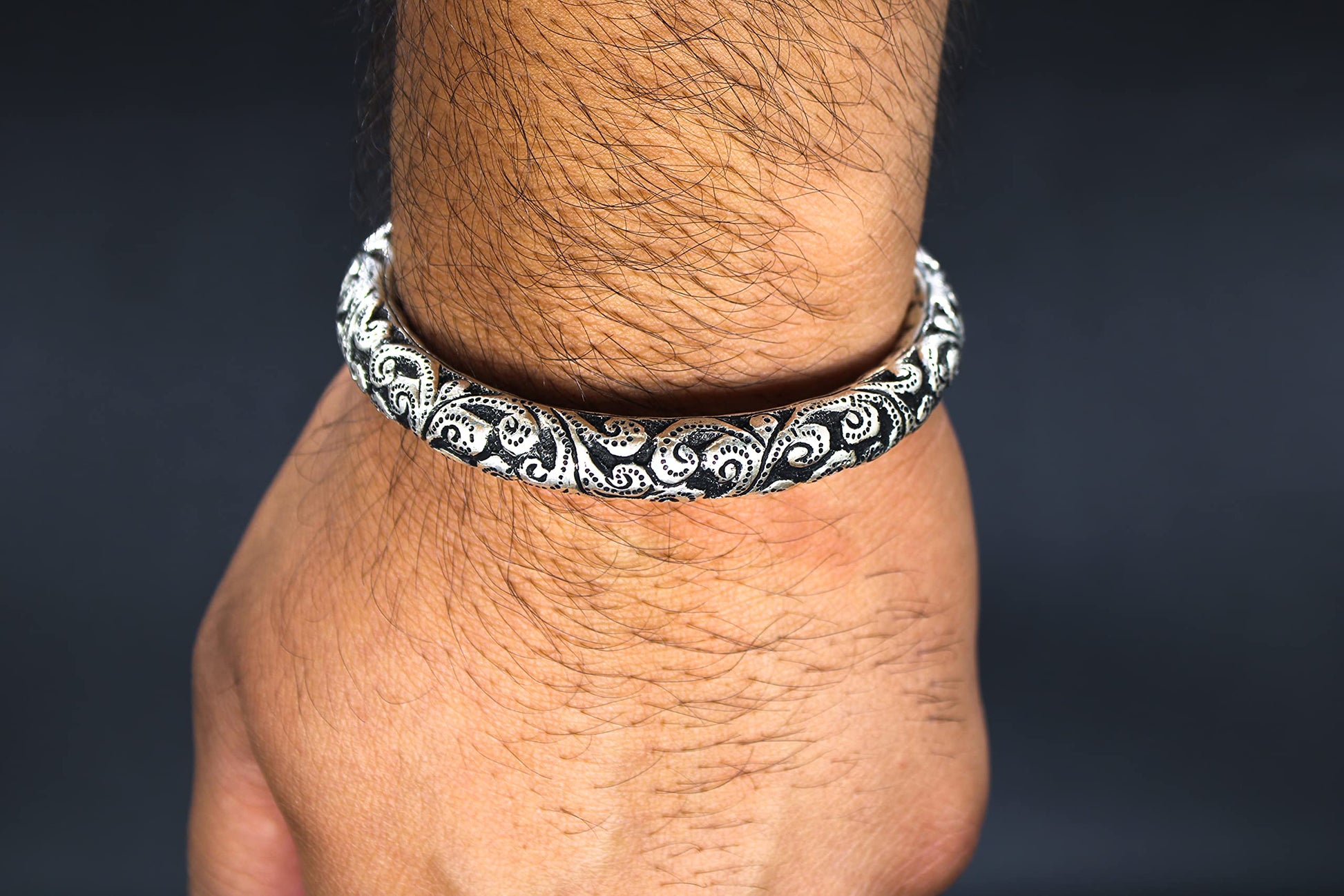 SJ SHUBHAM JEWELLERS™ 925 Pure Silver Chandi Oxidized Hollow Tribal/Nakkashi Kada Bangle Kangan For Men and Boys With 925 Hallmark (36 gm) - JewelYaari By Shubham Jewellers