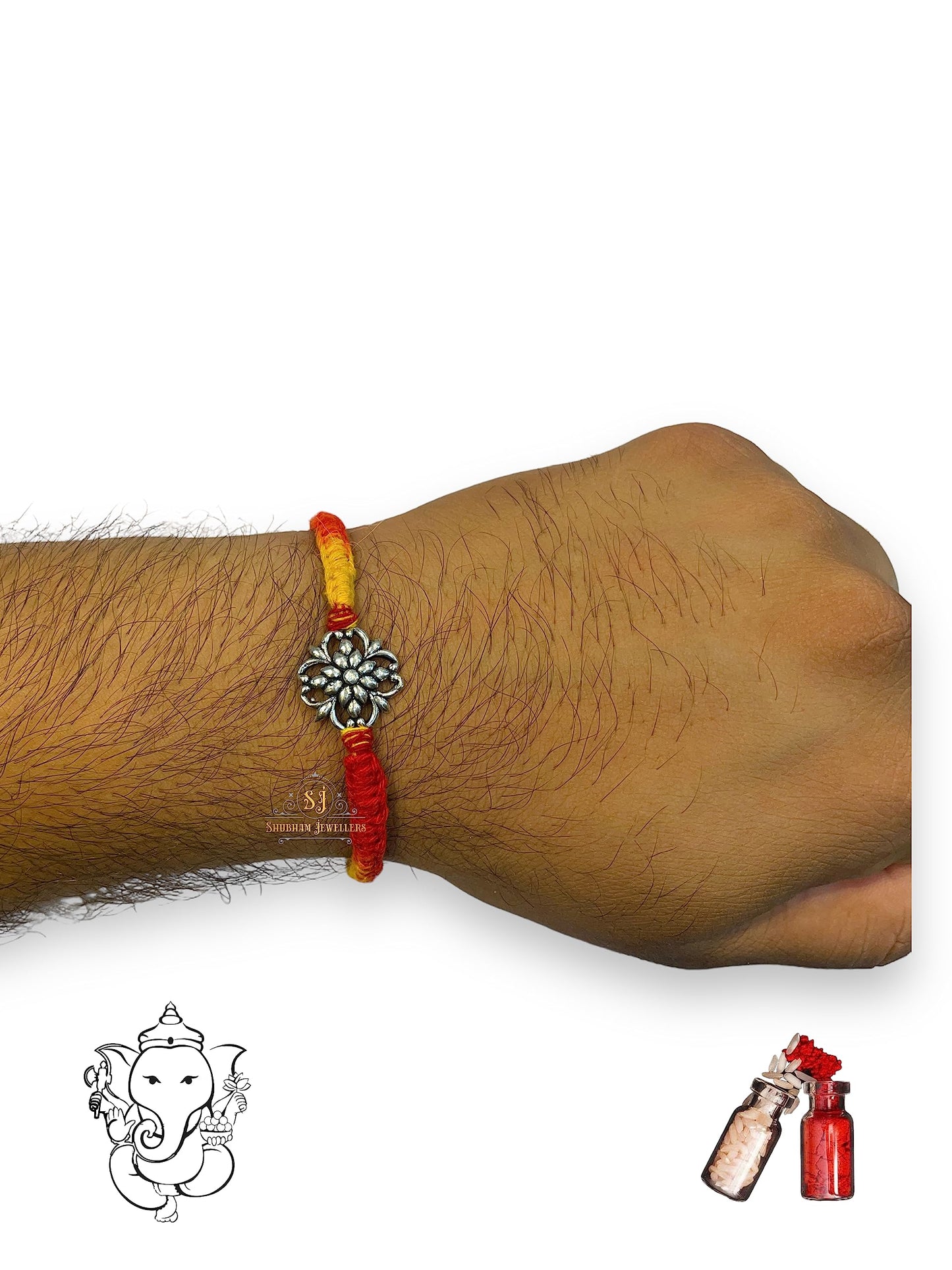 SJ SHUBHAM JEWELLERS™ 925 Sterling Silver Rakhi for brother Rakhi Bracelet Raksha Bandhan Pure Cotton For Men, Boys, Kids Rakhi With Roli Chawal - JewelYaari By Shubham Jewellers