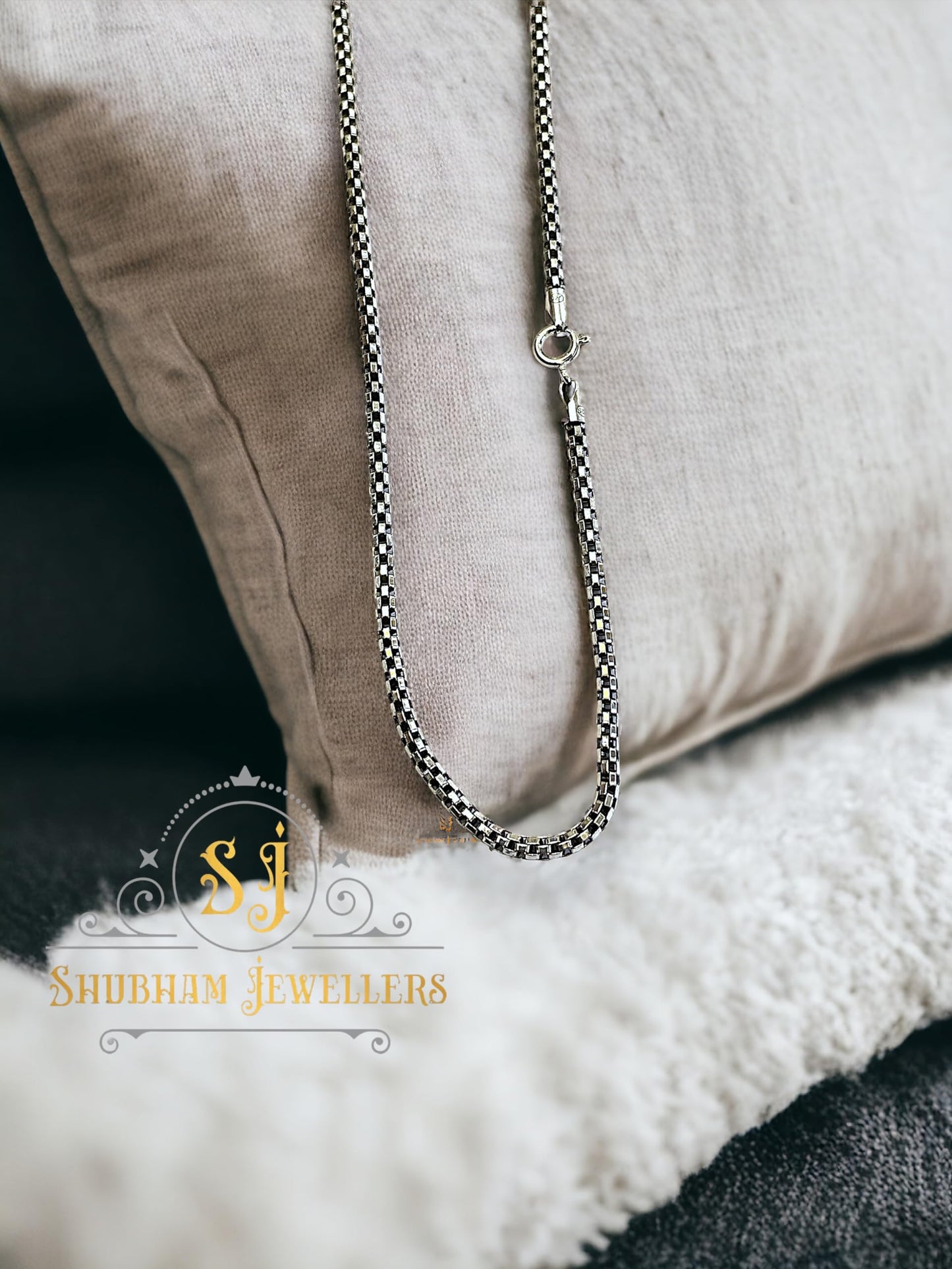SJ SHUBHAM JEWELLERS 925 sterling silver Popcorn Chain For Men, Women, Boys, and Girls, Oxidized Chain Necklace BIS Hallmarked Chain