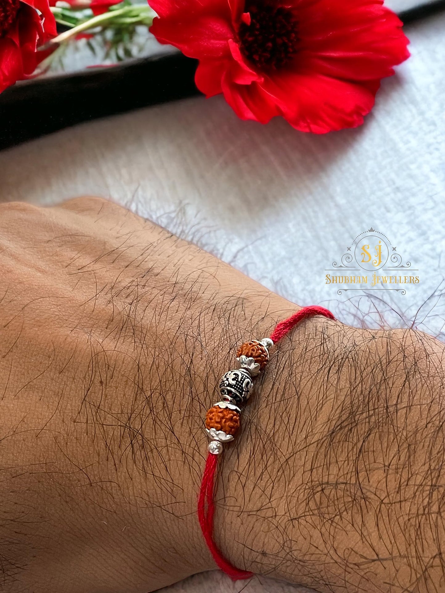 SJ SHUBHAM JEWELLERS™ 925 Sterling Silver Rakhi for brother Rudraksha Rakhi Bracelet Raksha Bandhan Pure Cotton For Men, Boys, Kids Rakhi With Roli Chawal - JewelYaari By Shubham Jewellers