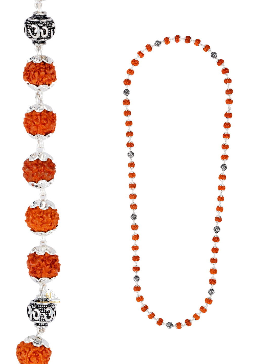 JewelYaari Rudraksha Capping Silver Mala for Men | 5 Rudraksha and 1 Om, 54 Sacred 5 Mukhi Rudraksha Beads | 925 Silver | Ideal for Meditation, Focus, and Spiritual Practices