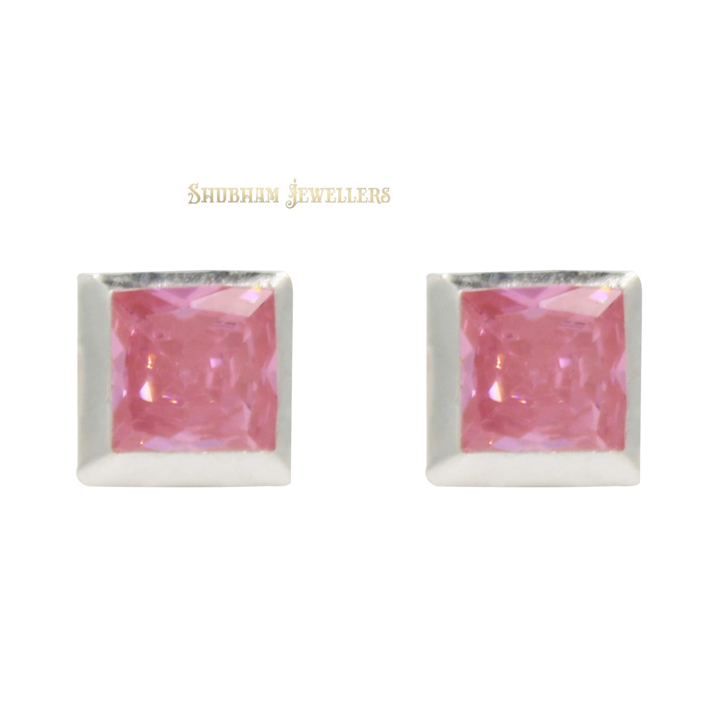 Shubham Jewellers Rehti 925-92.5 Sterling Silver Princess Cut Pink Real Cubic Zirconia Fashion Stud Tops Earrings For Men,Women,Children,Boys and Girls