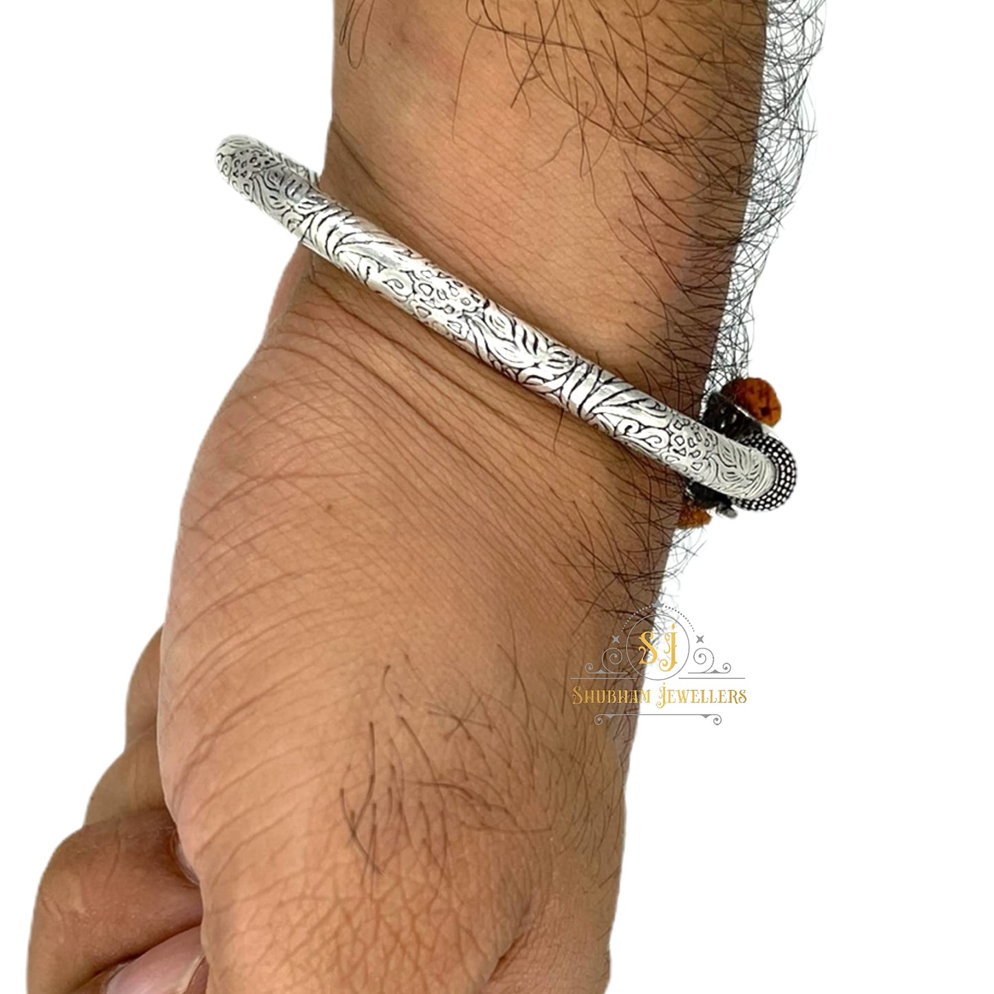 SJ SHUBHAM JEWELLERS?? 925 Pure Silver Chandi Oxidised Hollow Trishool Nakkashi Men Kada Bangle for Men & Boys With Hallmark One Piece (White)