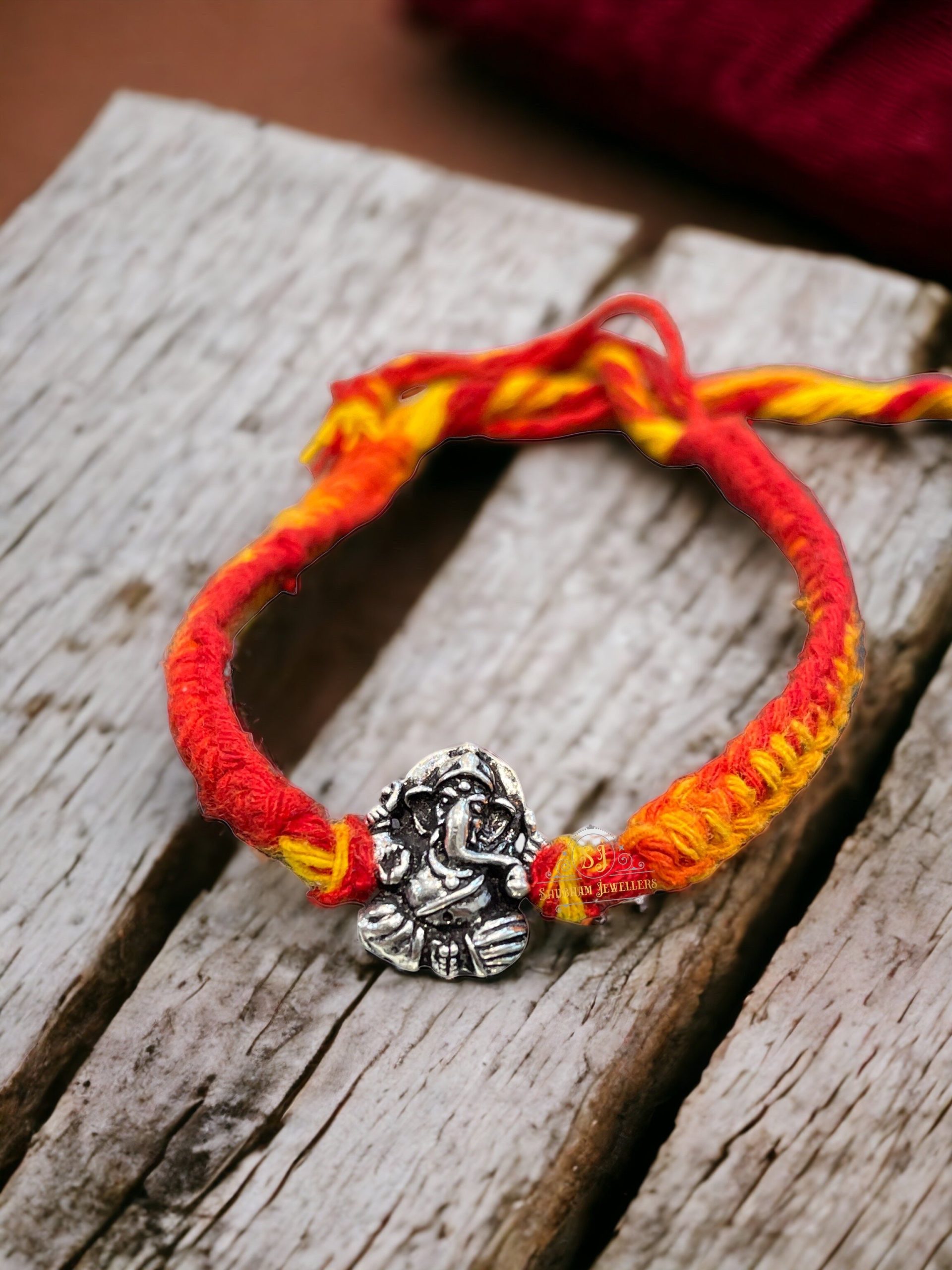 925 Sterling Silver Rakhi for brother Vighnaharta Ganesha Bracelet Raksha Bandhan Pure Cotton For Men, Boys, Kids Rakhi With Roli Chawal