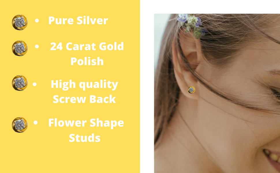 Shubham Jewellers Rehti Sterling Silver Cubic Zirconia Flower Shape Gold Polish Earrings For Unisex-Adult & Unisex-Child 7 MM