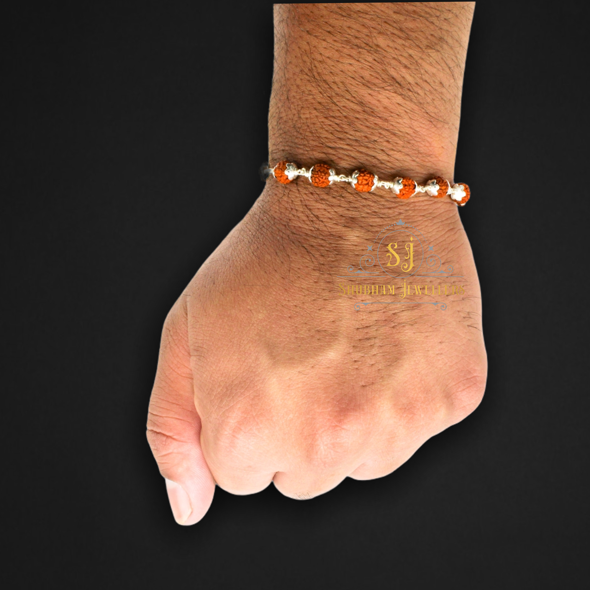 SJR 925 Sterling Handmade Dual Silver Wire Stylish Silver Rudraksha Bracelet Rakhi for brother with Four Adjustable Rings for Men & Boys (6 MM Natural Beads) (Brown)