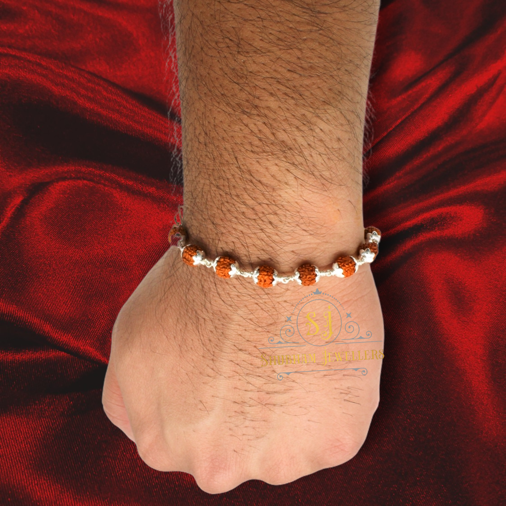 SJR 925 Sterling Handmade Dual Silver Wire Stylish Silver Rudraksha Bracelet Rakhi for brother with Four Adjustable Rings for Men & Boys (6 MM Natural Beads) (Brown)