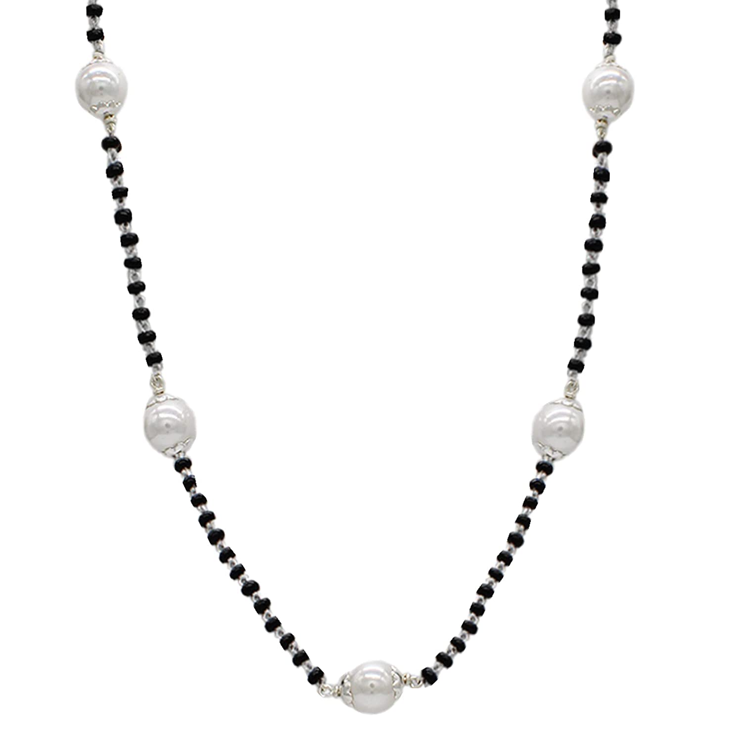 Shubham Jewellers Rehti 925 Sterling Silver Mangalsutra with Pearl & Black Beeds Crystal Chain for Women - Party Casual Wear
