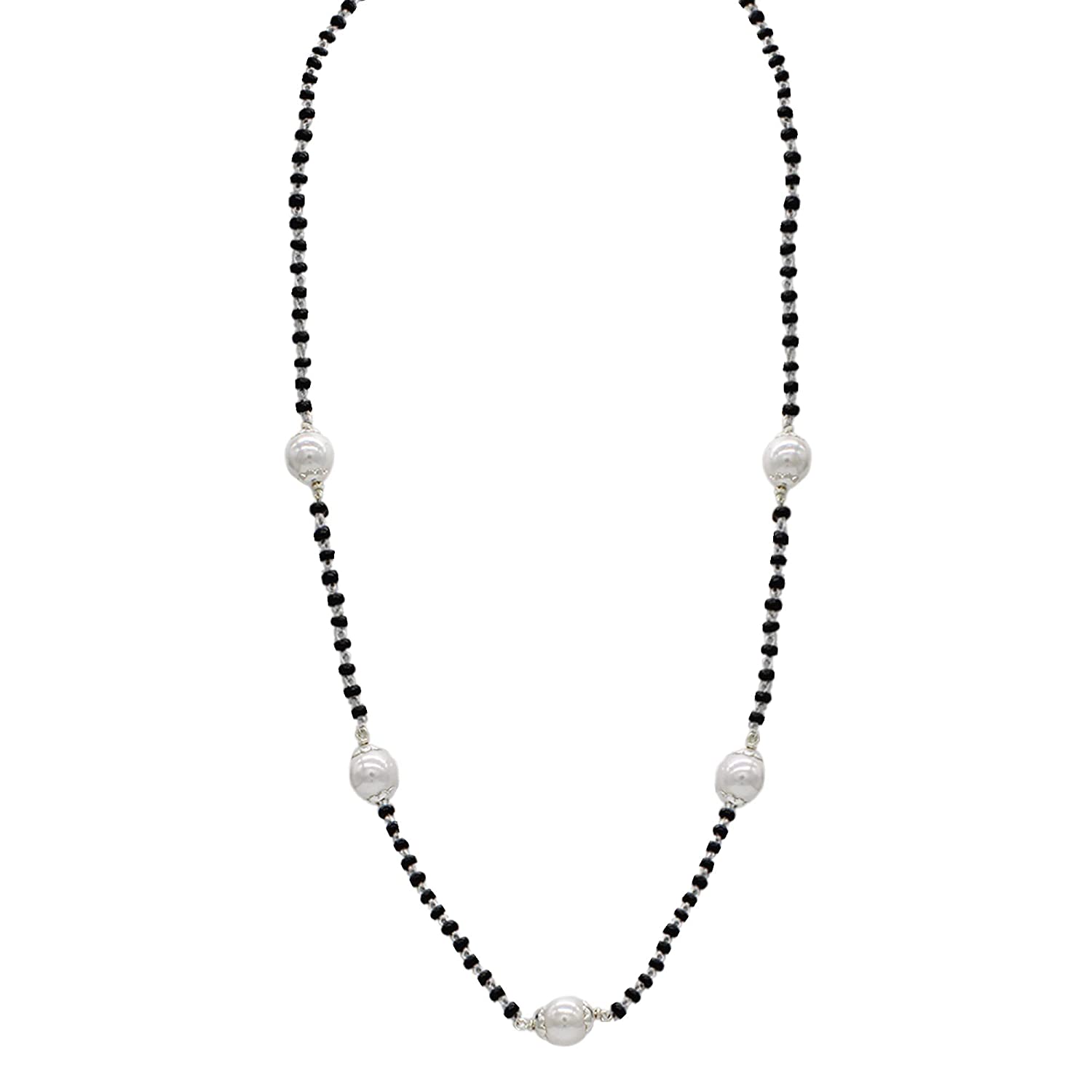 Shubham Jewellers Rehti 925 Sterling Silver Mangalsutra with Pearl & Black Beeds Crystal Chain for Women - Party Casual Wear