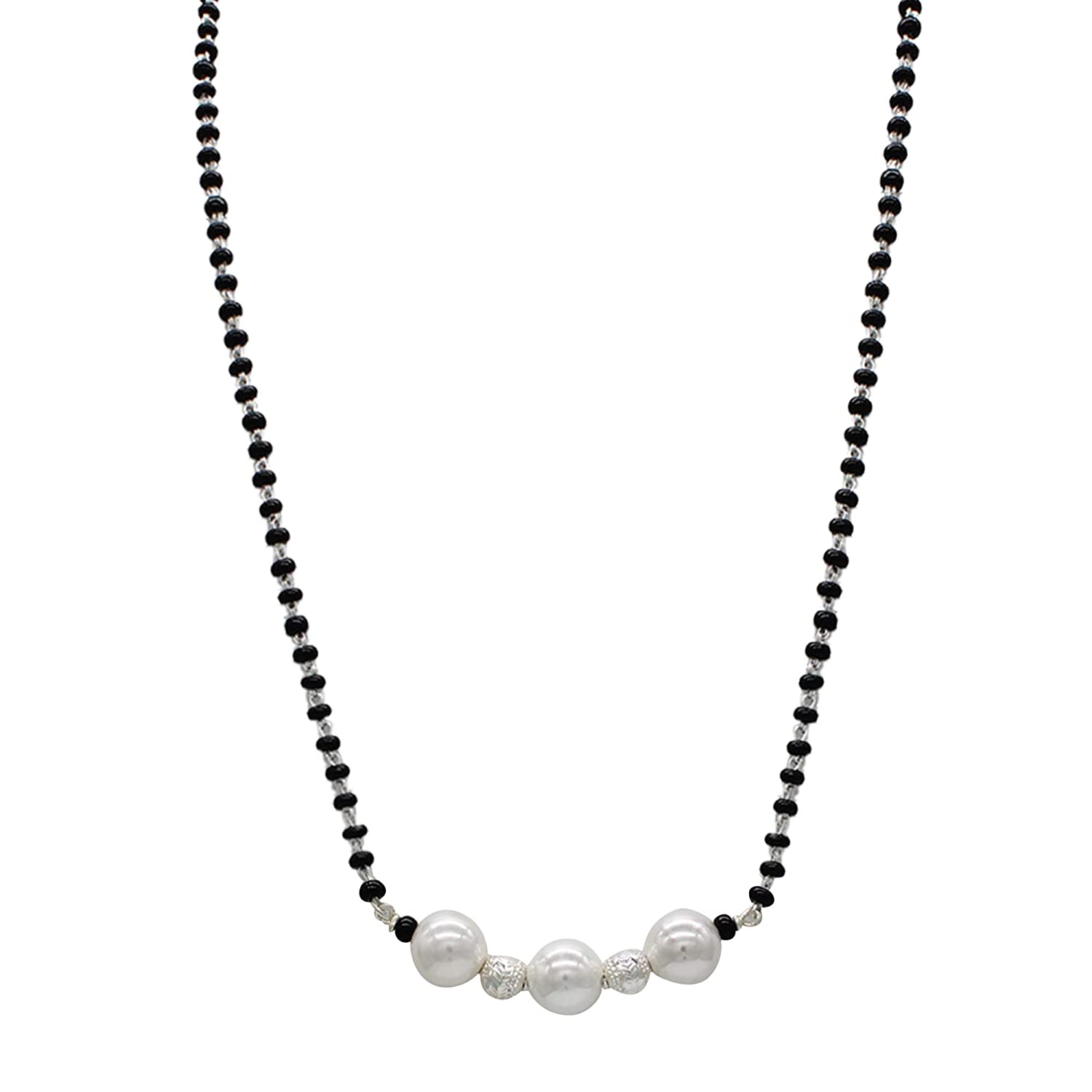 Shubham Jewellers Rehti 925 Sterling Silver Mangalsutra with Pearl & Black Beeds Crystal Chain for Women - Party Casual Wear