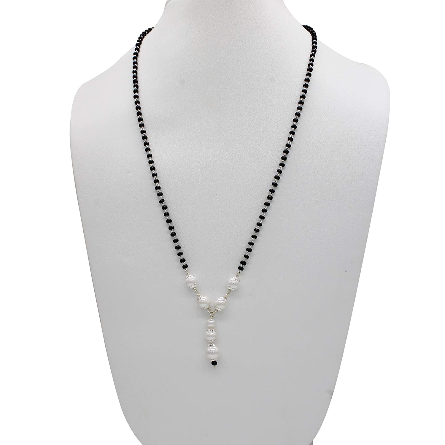 Shubham Jewellers Rehti 925 Sterling Silver Mangalsutra with Pearl & Black Beeds Crystal Chain for Women - Party Casual Wear