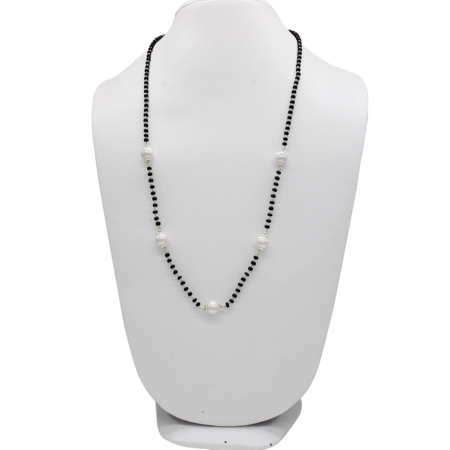 Shubham Jewellers Rehti 925 Sterling Silver Mangalsutra with Pearl & Black Beeds Crystal Chain for Women - Party Casual Wear