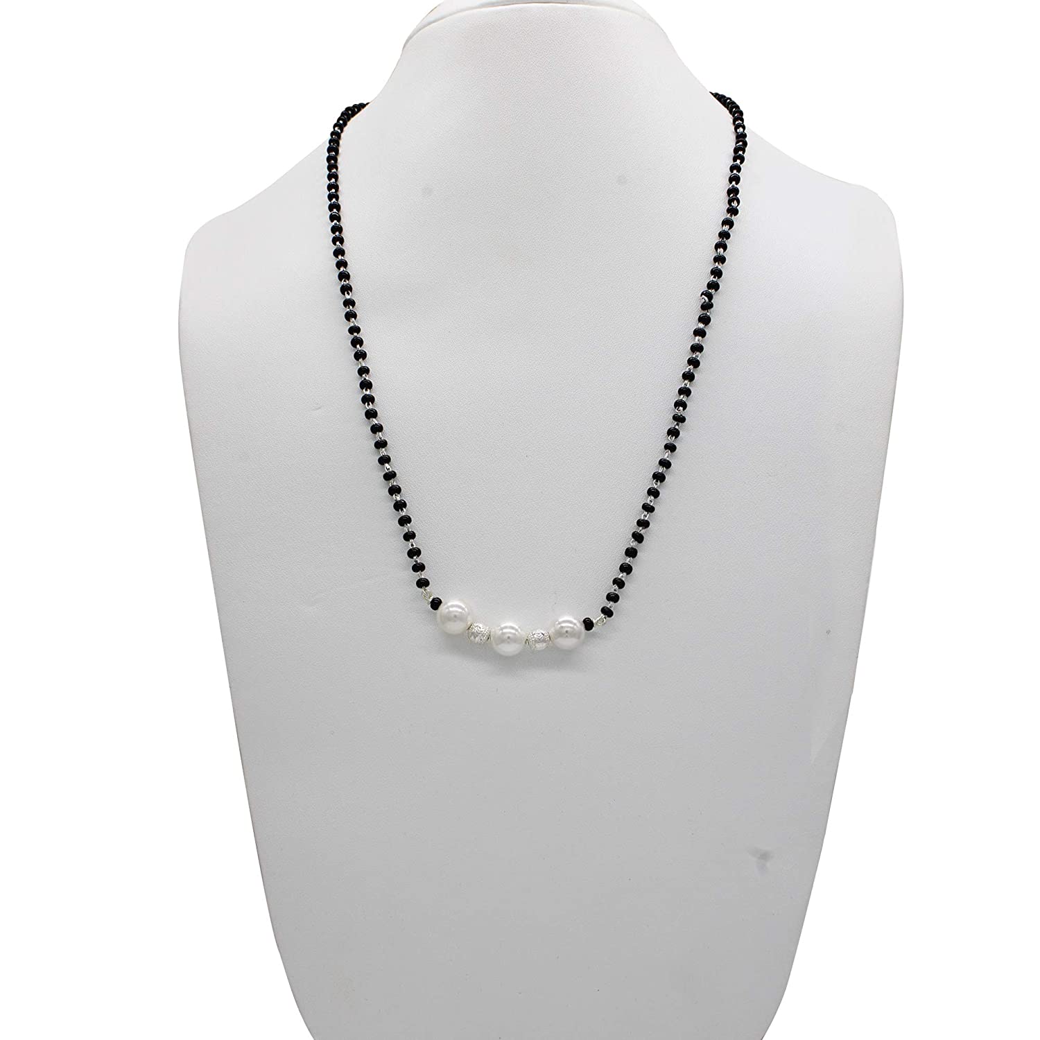 Shubham Jewellers Rehti 925 Sterling Silver Mangalsutra with Pearl & Black Beeds Crystal Chain for Women - Party Casual Wear