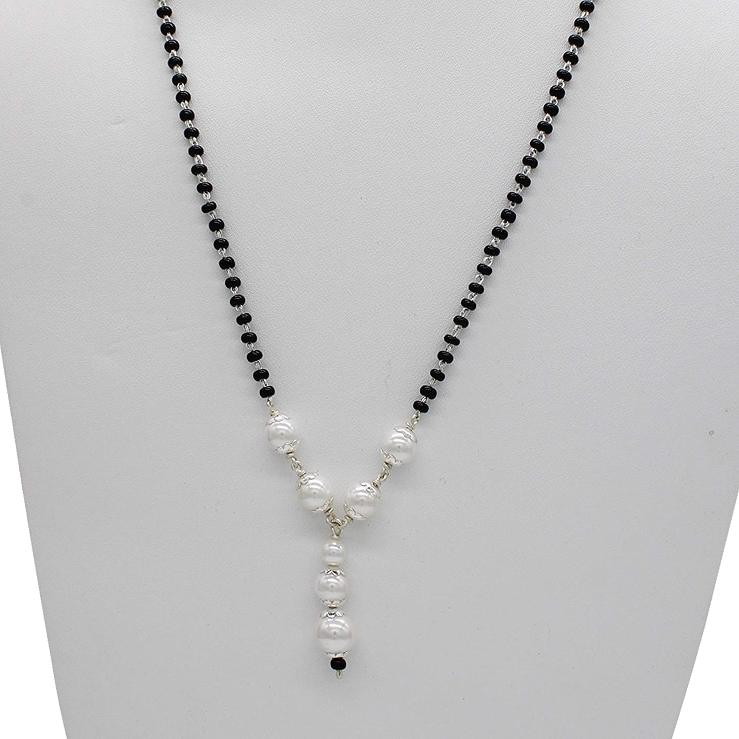 Shubham Jewellers Rehti 925 Sterling Silver Mangalsutra with Pearl & Black Beeds Crystal Chain for Women - Party Casual Wear