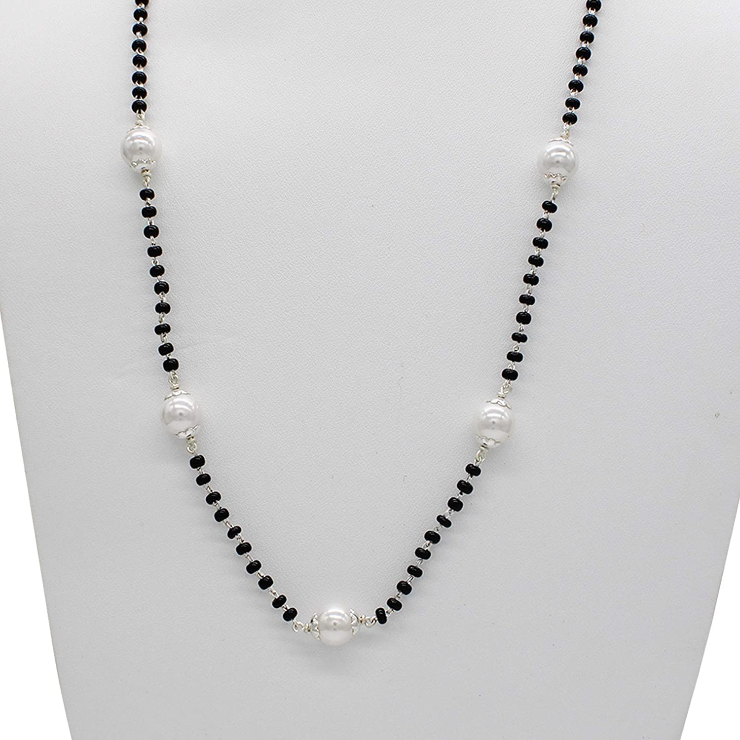 Shubham Jewellers Rehti 925 Sterling Silver Mangalsutra with Pearl & Black Beeds Crystal Chain for Women - Party Casual Wear