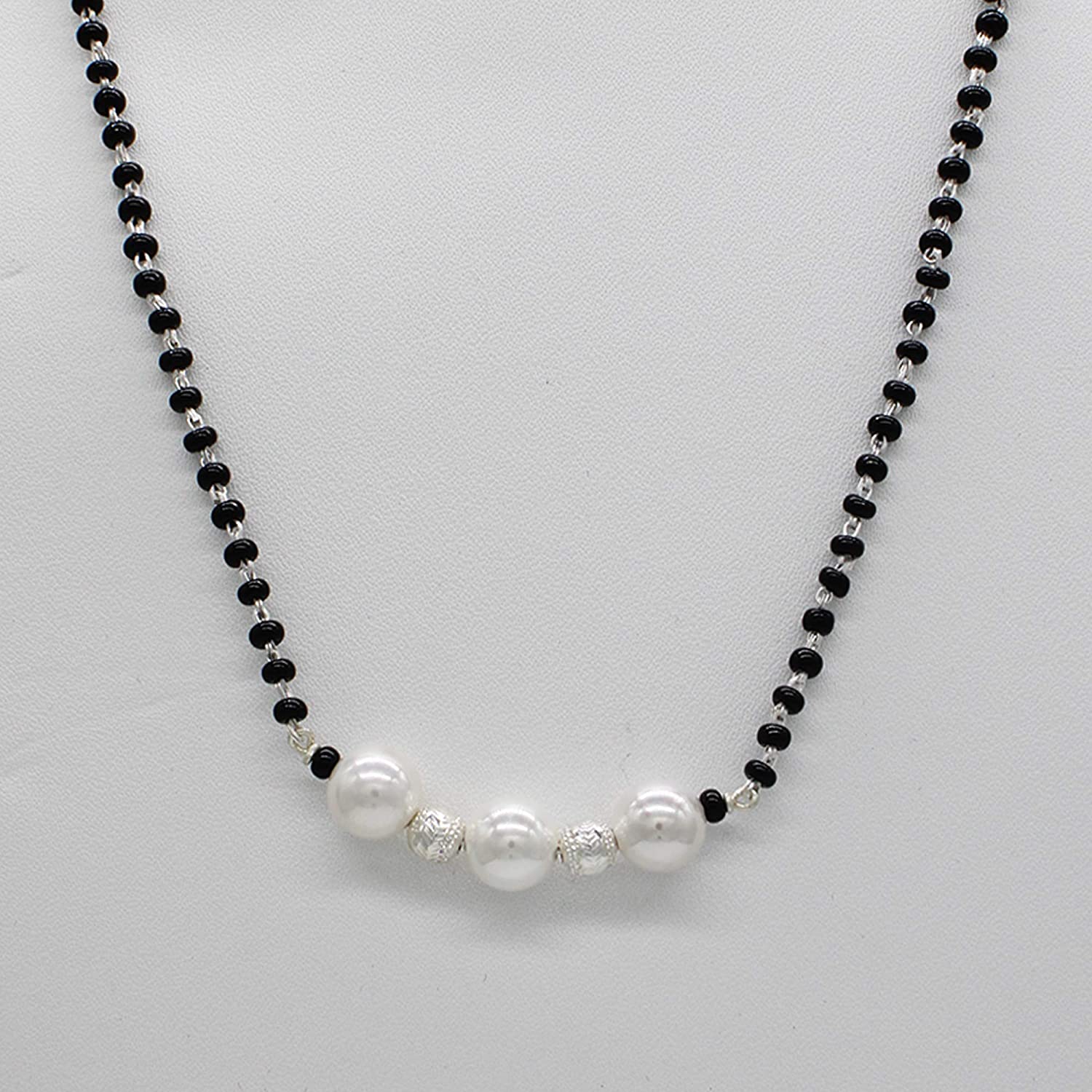 Shubham Jewellers Rehti 925 Sterling Silver Mangalsutra with Pearl & Black Beeds Crystal Chain for Women - Party Casual Wear