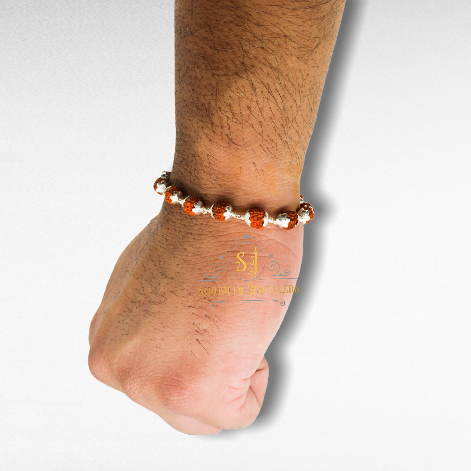 SJR 925 Sterling Handmade Dual Silver Wire Stylish Silver Rudraksha Bracelet Rakhi for brother with Four Adjustable Rings for Men & Boys (6 MM Natural Beads) (Brown)