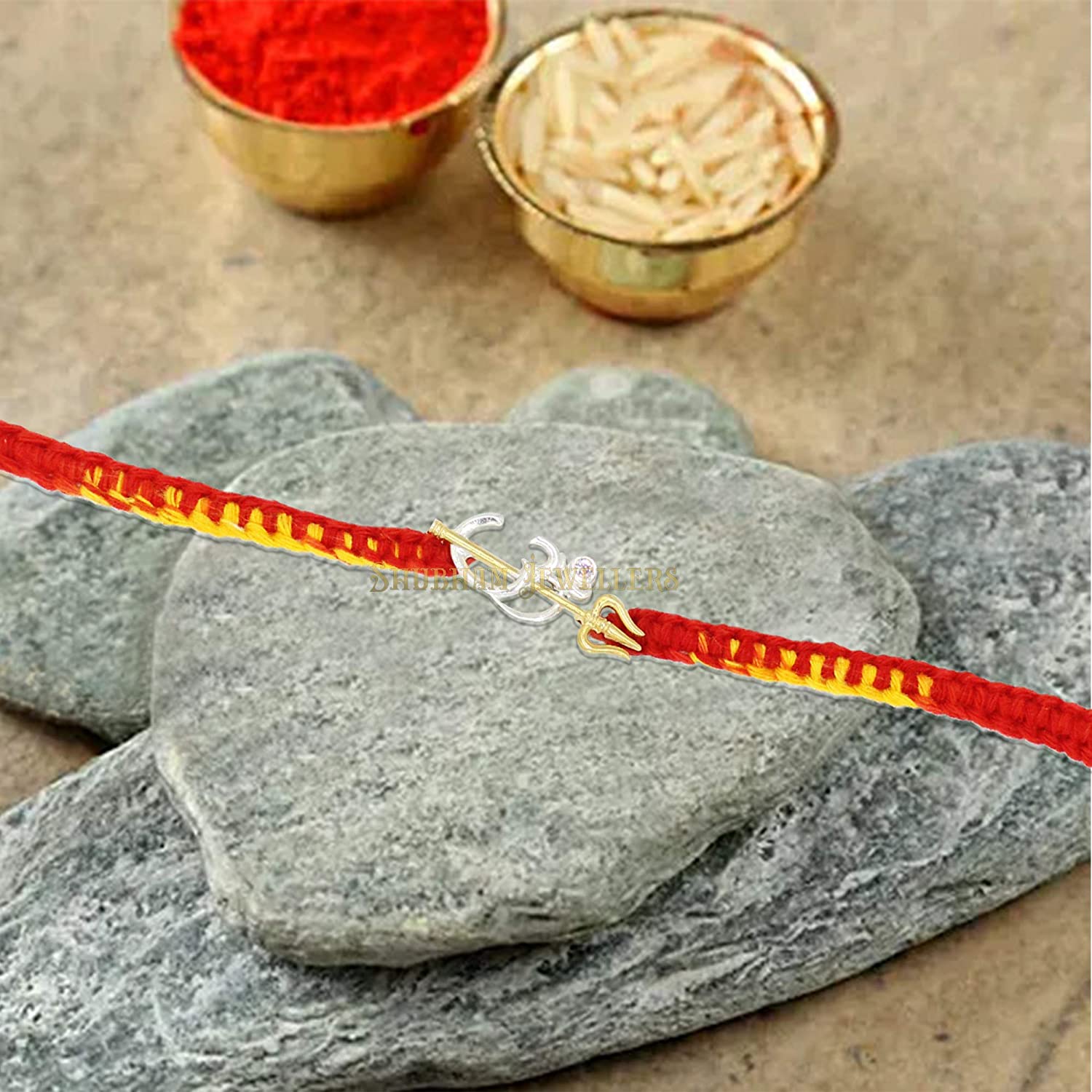 Shubham Jewellers Rehti 925 Sterling Silver Precious Metal Om Charm Bracelet with 24 Kt Gold Polished Trishool, pure Cotton thread for Men, Women, Boys and Girls (Dual Tone)