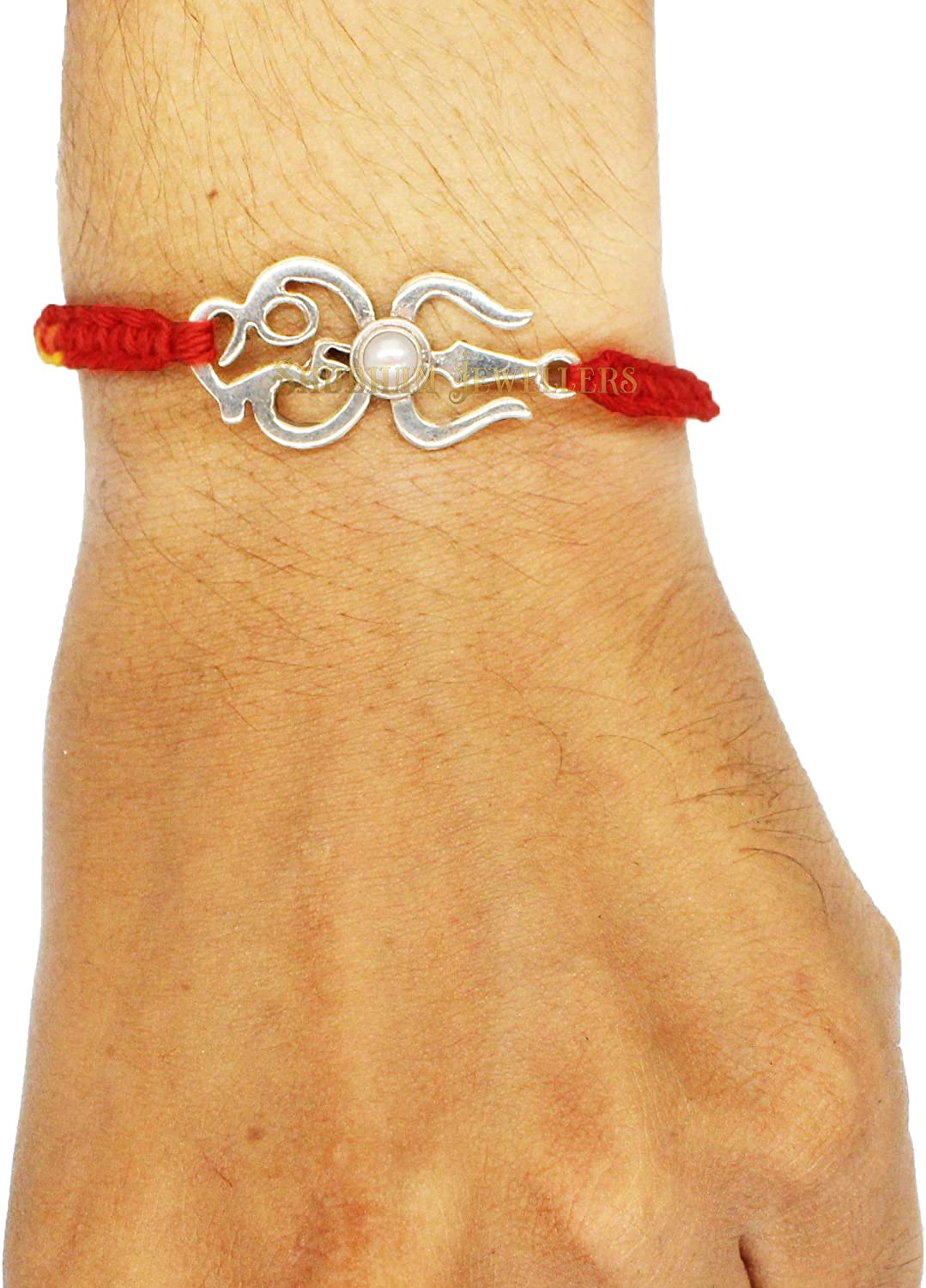 Shubham Jewellers Rehti Men's and Women's 925 Sterling Silver Oxidised Trishool Rakhi with Pearl in Pure Cotton Thread