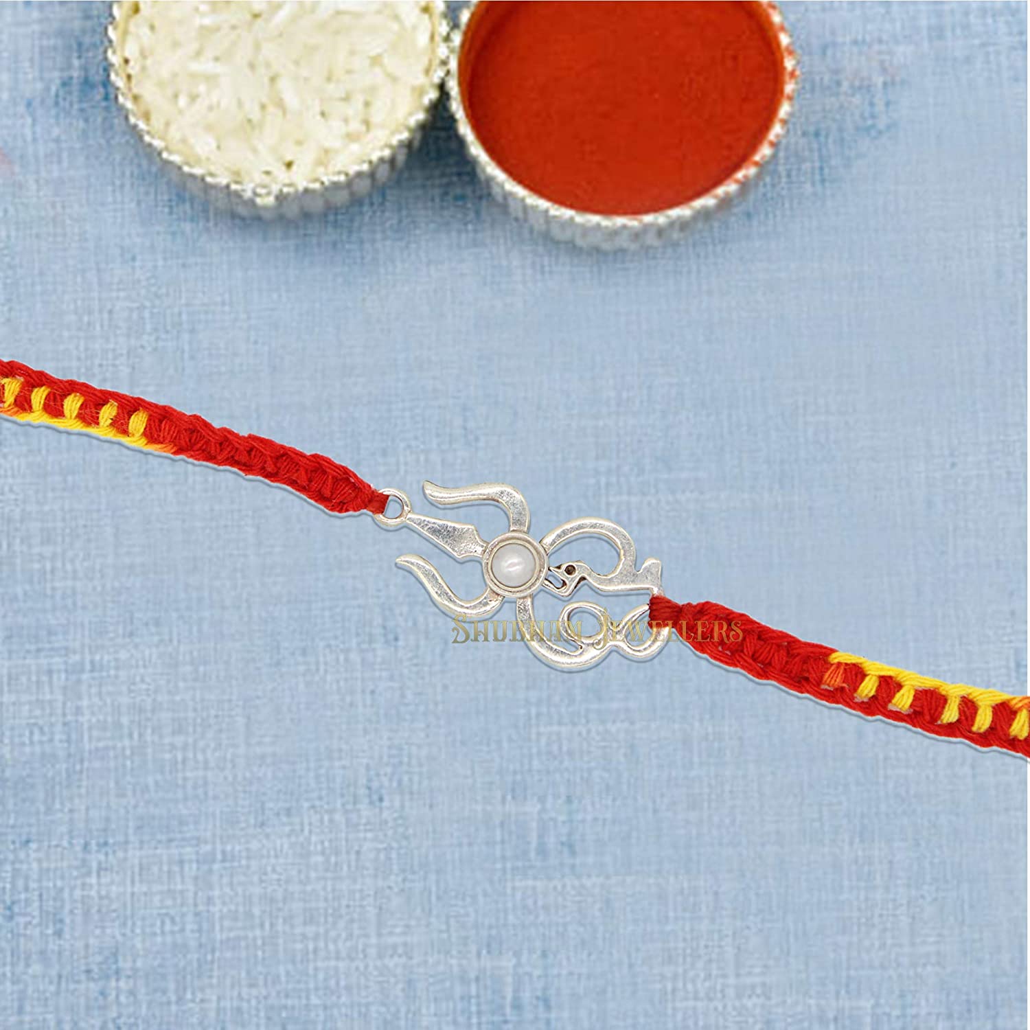 Shubham Jewellers Rehti Men's and Women's 925 Sterling Silver Oxidised Trishool Rakhi with Pearl in Pure Cotton Thread