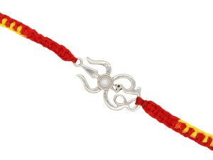 Shubham Jewellers Rehti Men's and Women's 925 Sterling Silver Oxidised Trishool Rakhi with Pearl in Pure Cotton Thread