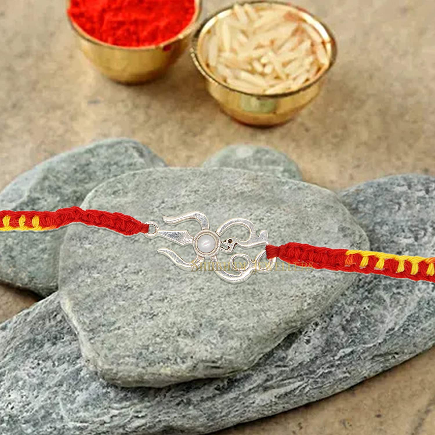 Shubham Jewellers Rehti Men's and Women's 925 Sterling Silver Oxidised Trishool Rakhi with Pearl in Pure Cotton Thread