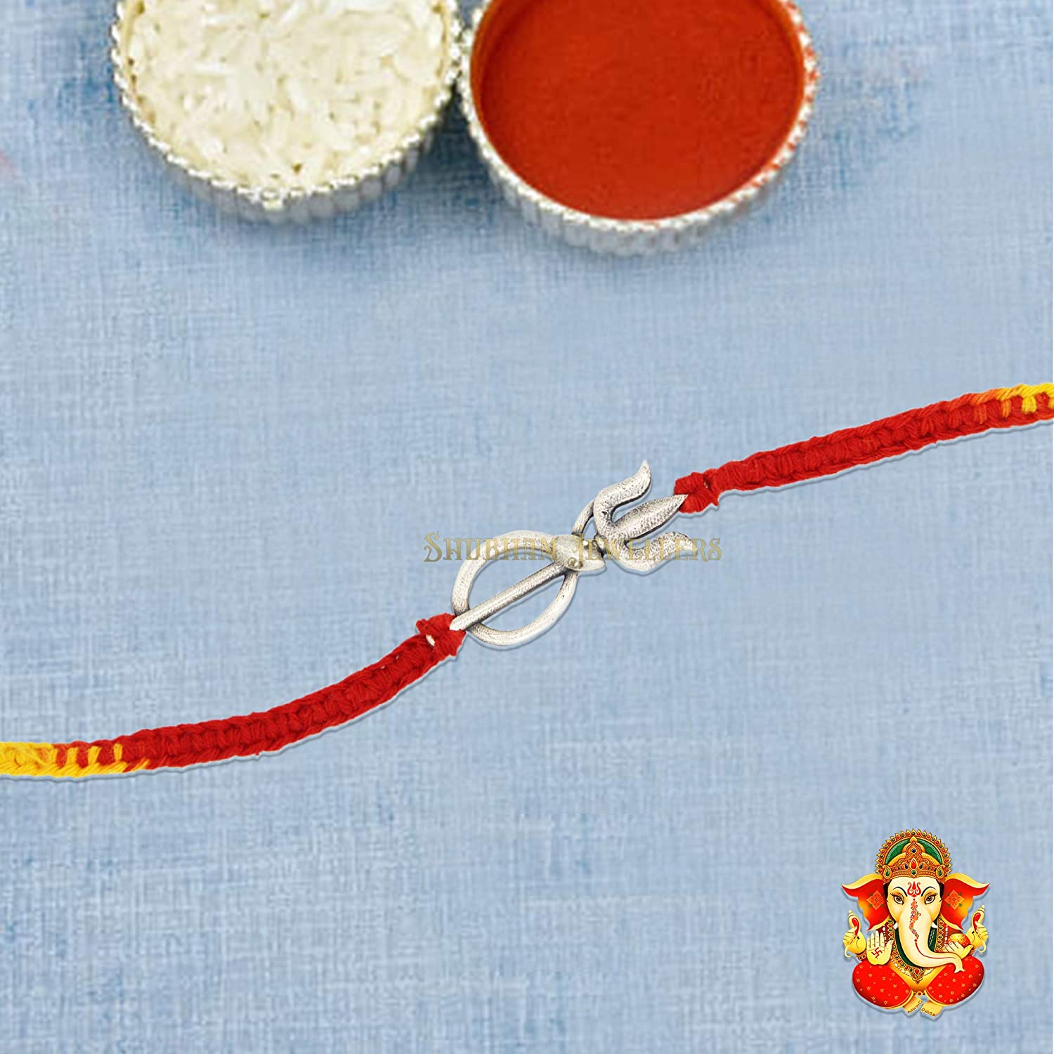 Shubham Jewellers Rehti Pure 925 Oxidised Silver Snake with Trishool Charm Bracelet in pure Cotton thread For Men, Women, Boys and Girls for good luck (TRSNK) Free Size