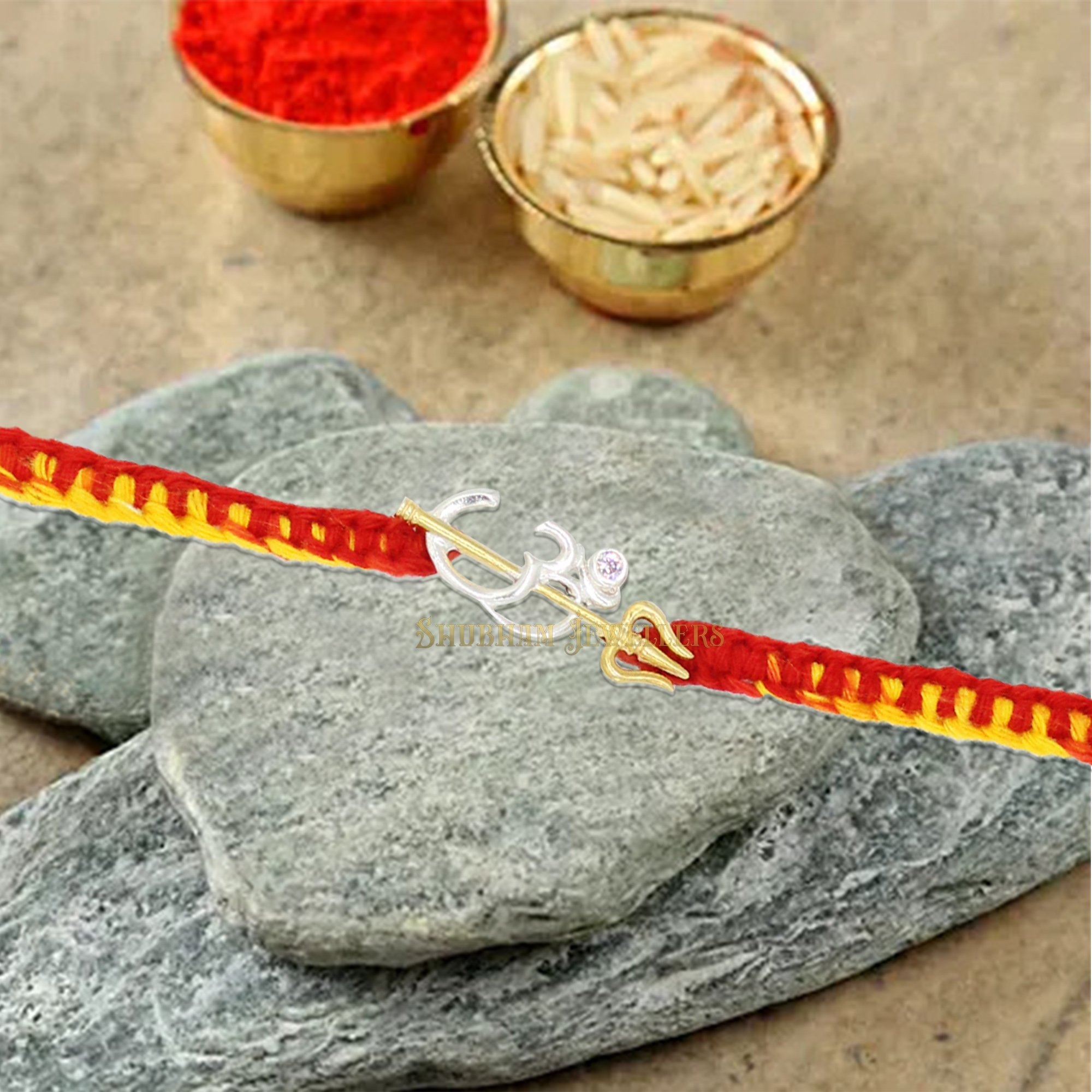 JewelYaari 925 Sterling Silver Om Trishool Rakhi With Roli Chawal ( Dual Tone)