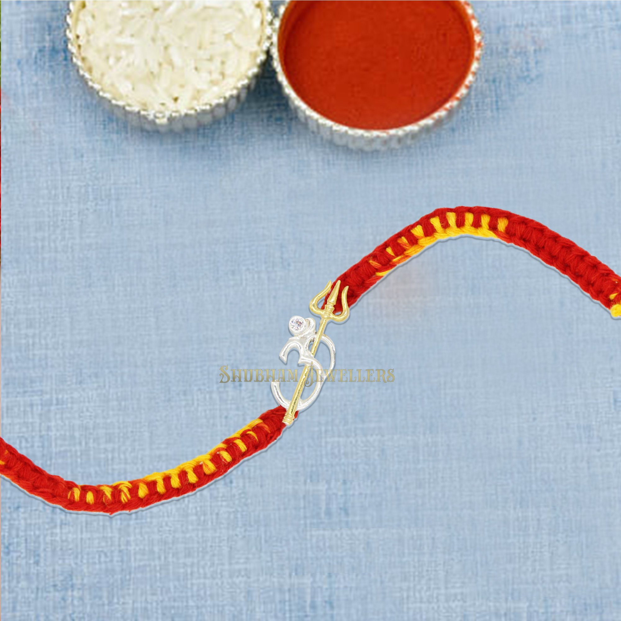 JewelYaari 925 Sterling Silver Om Trishool Rakhi With Roli Chawal ( Dual Tone)