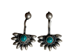 925 Sterling Silver Oxidised Designer Tribal Upper Ear Bugadi Clip Earrings for Women/Girls With Blue Turquoise