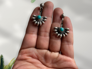 925 Sterling Silver Oxidised Designer Tribal Upper Ear Bugadi Clip Earrings for Women/Girls With Blue Turquoise