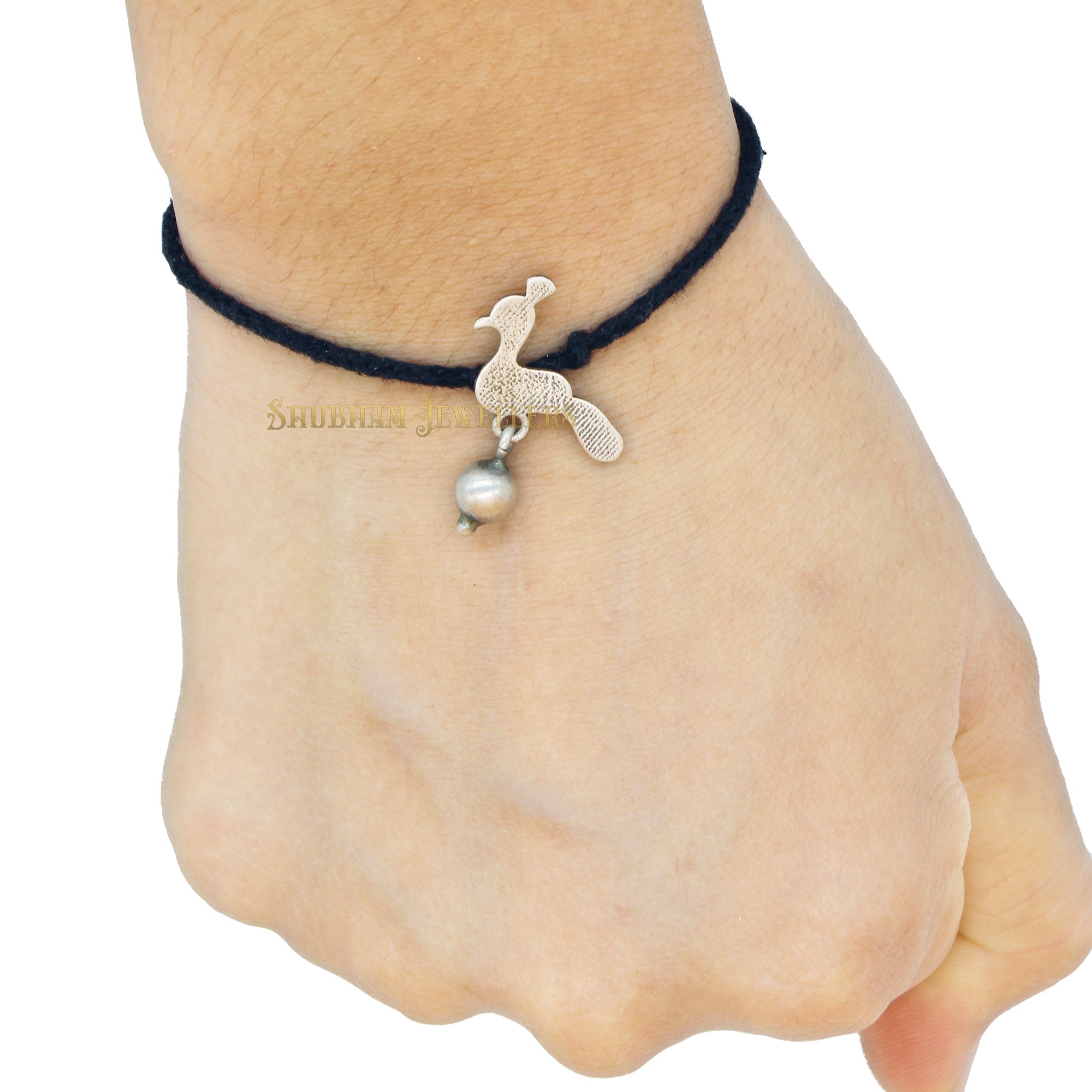 Shubham Jewellers Rehti 925 Oxidised Silver Black Thread Peacock Nazarbattu/Nazaiya Anklet/Bracelet for Girls, Women and Children with Silver Ghunghroo