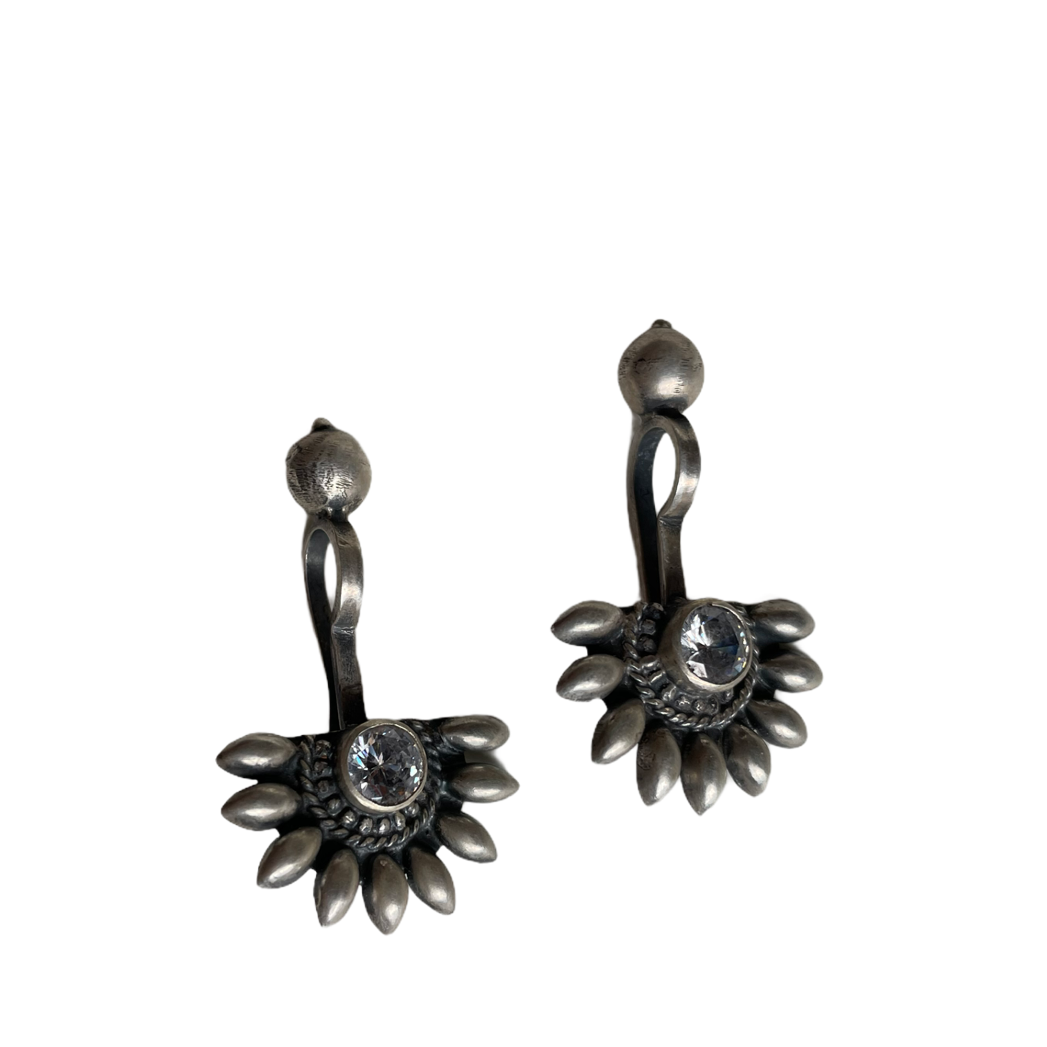 925 Sterling Silver Oxidised Designer Tribal Upper Ear Bugadi Clip Earrings for Women/Girls With White CZ