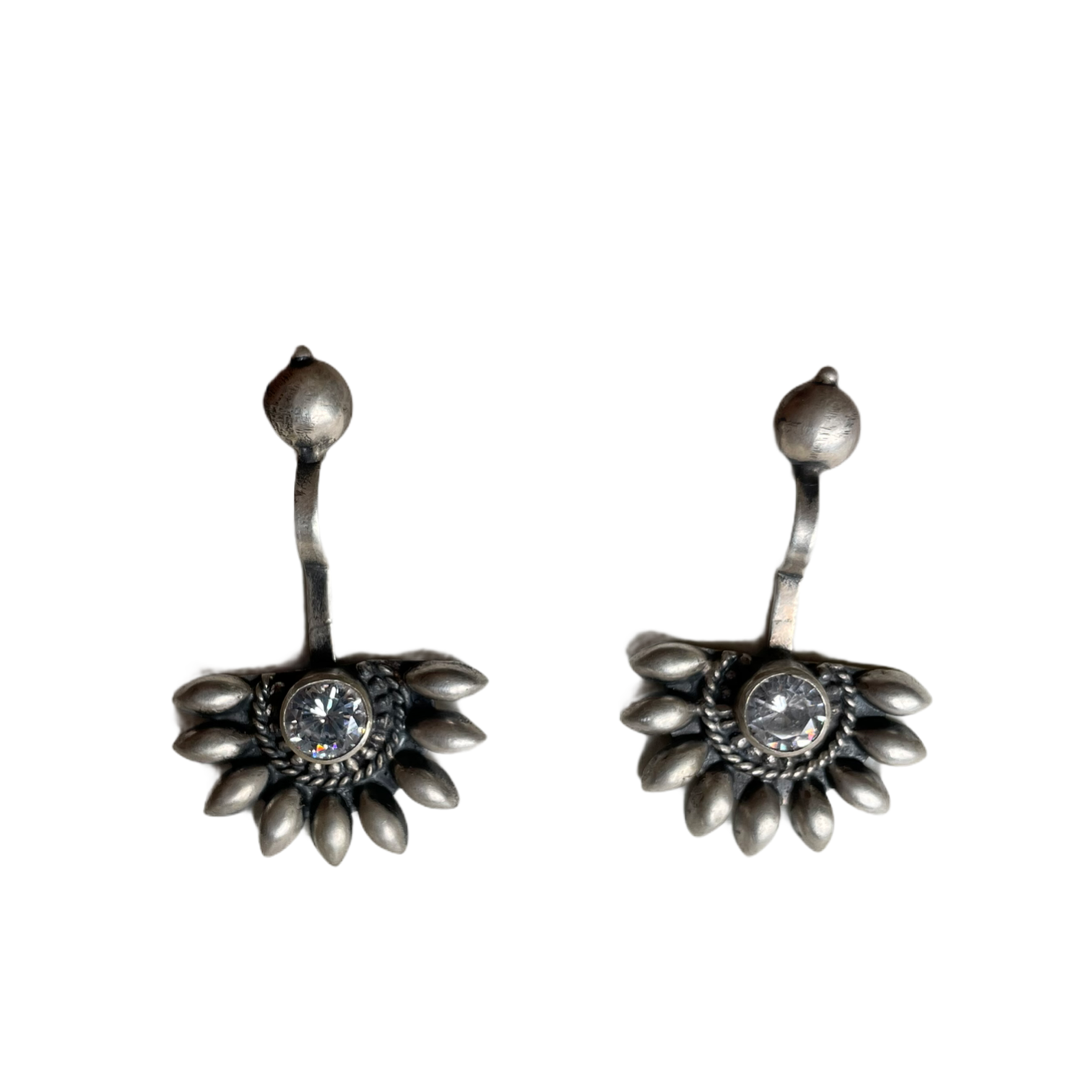 925 Sterling Silver Oxidised Designer Tribal Upper Ear Bugadi Clip Earrings for Women/Girls With White CZ