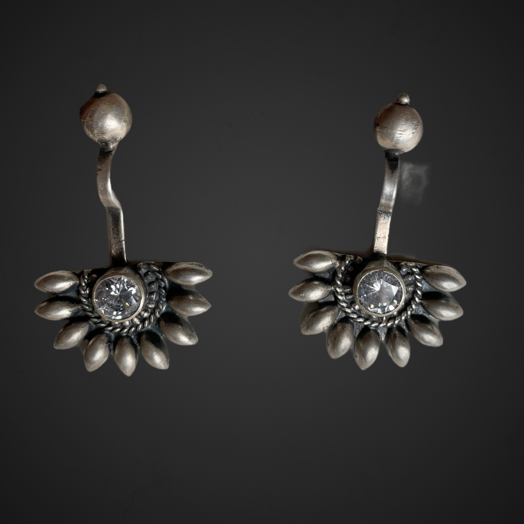 925 Sterling Silver Oxidised Designer Tribal Upper Ear Bugadi Clip Earrings for Women/Girls With White CZ