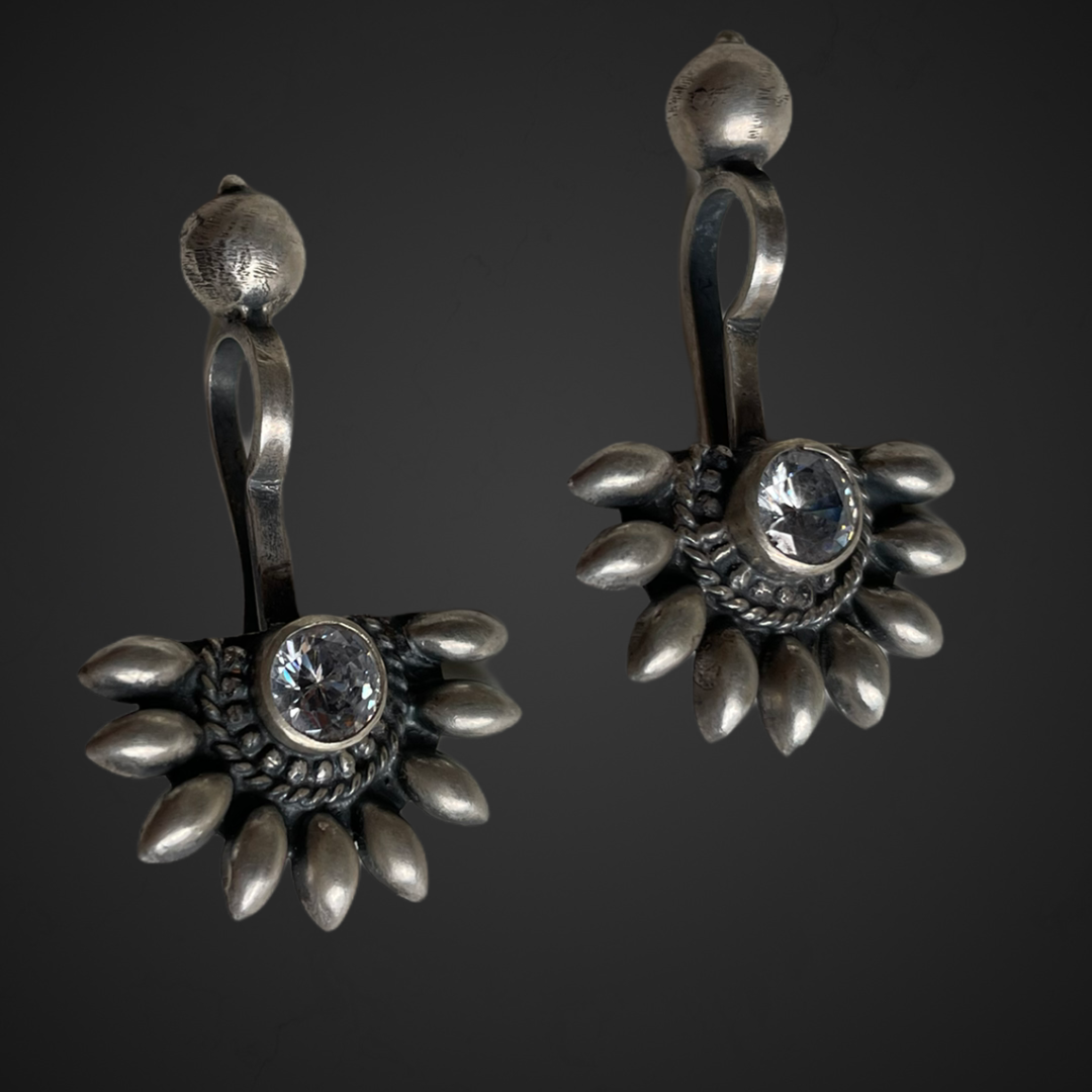 925 Sterling Silver Oxidised Designer Tribal Upper Ear Bugadi Clip Earrings for Women/Girls With White CZ