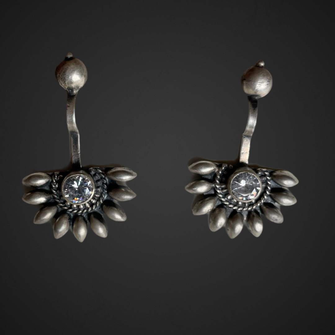 925 Sterling Silver Oxidised Designer Tribal Upper Ear Bugadi Clip Earrings for Women/Girls With White CZ