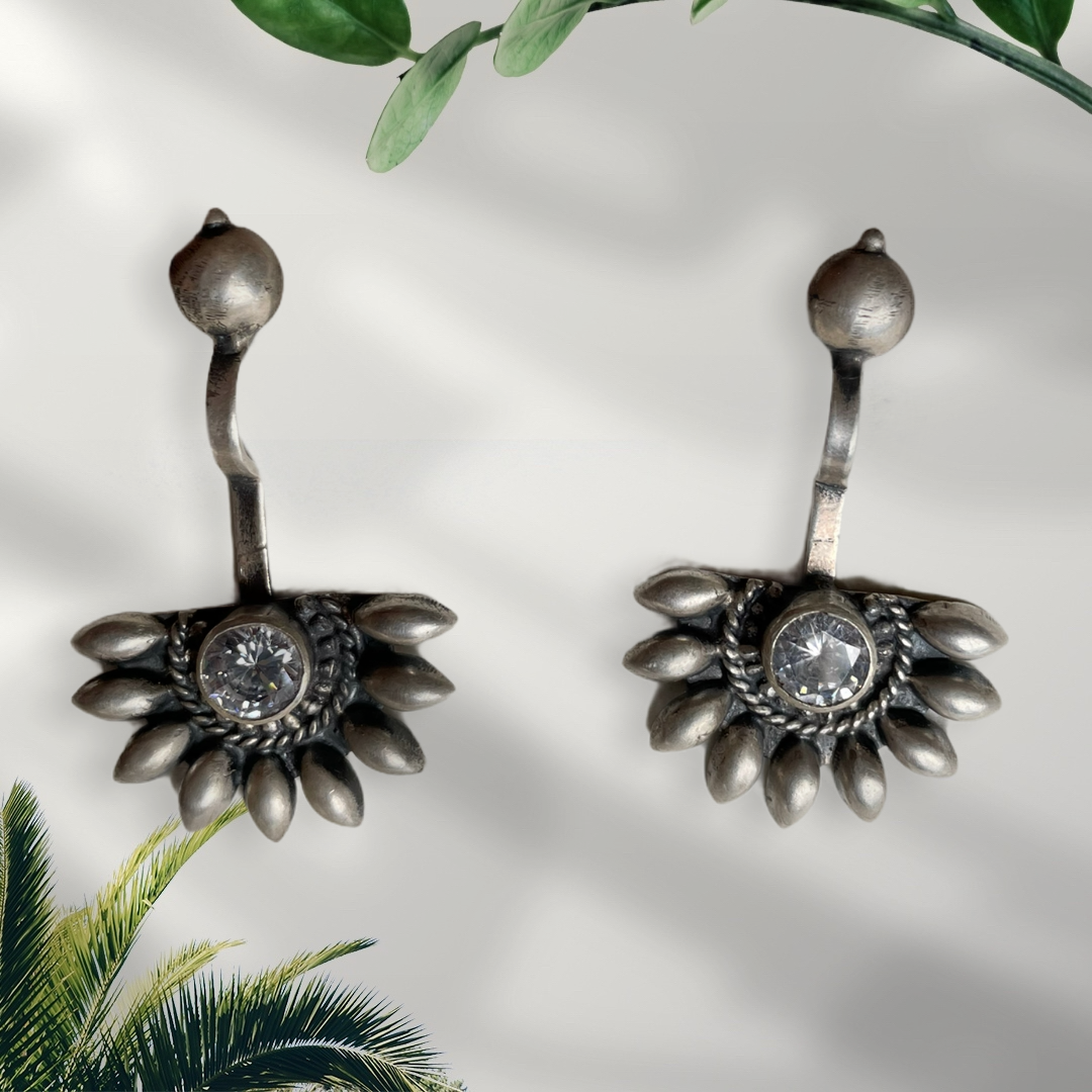 925 Sterling Silver Oxidised Designer Tribal Upper Ear Bugadi Clip Earrings for Women/Girls With White CZ