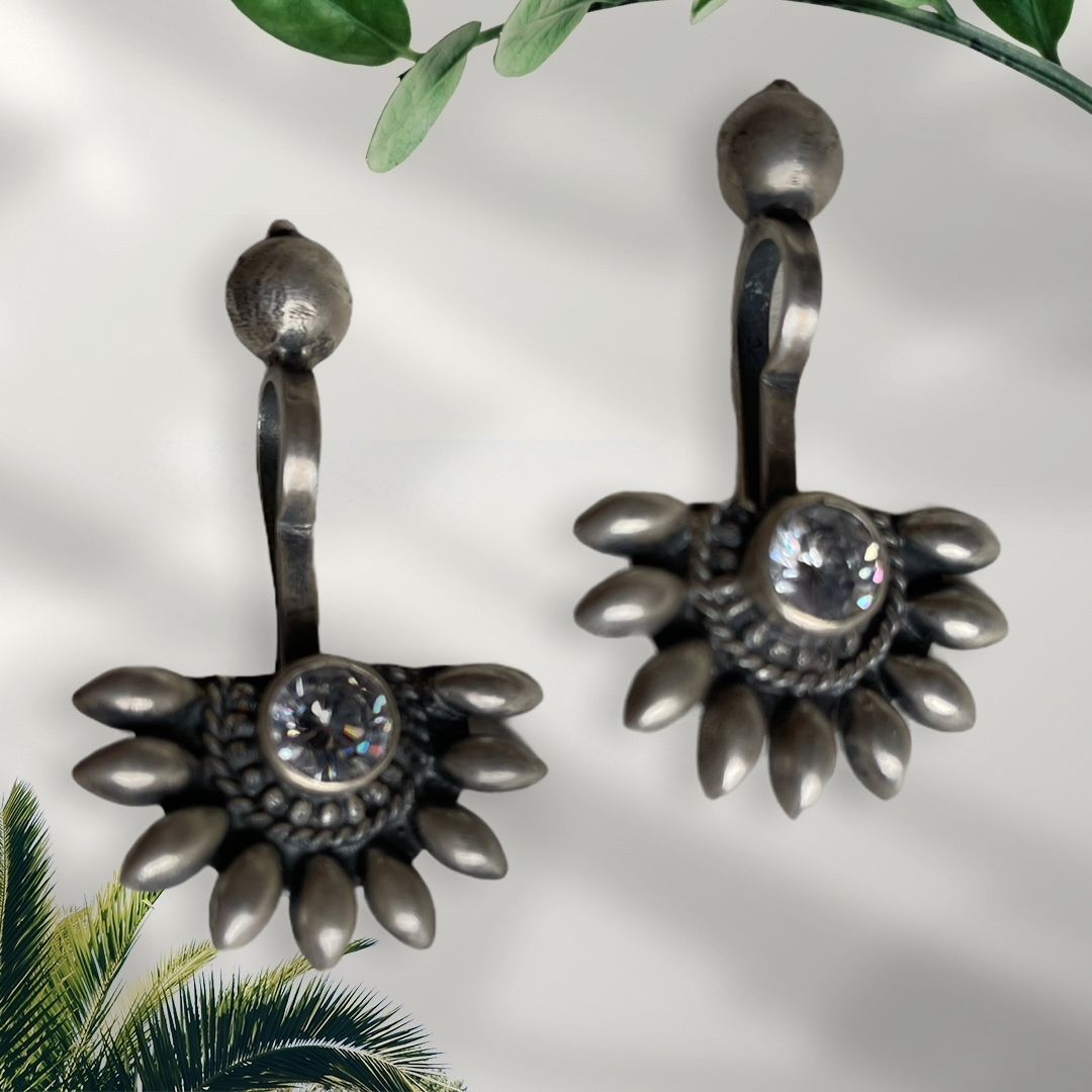 925 Sterling Silver Oxidised Designer Tribal Upper Ear Bugadi Clip Earrings for Women/Girls With White CZ