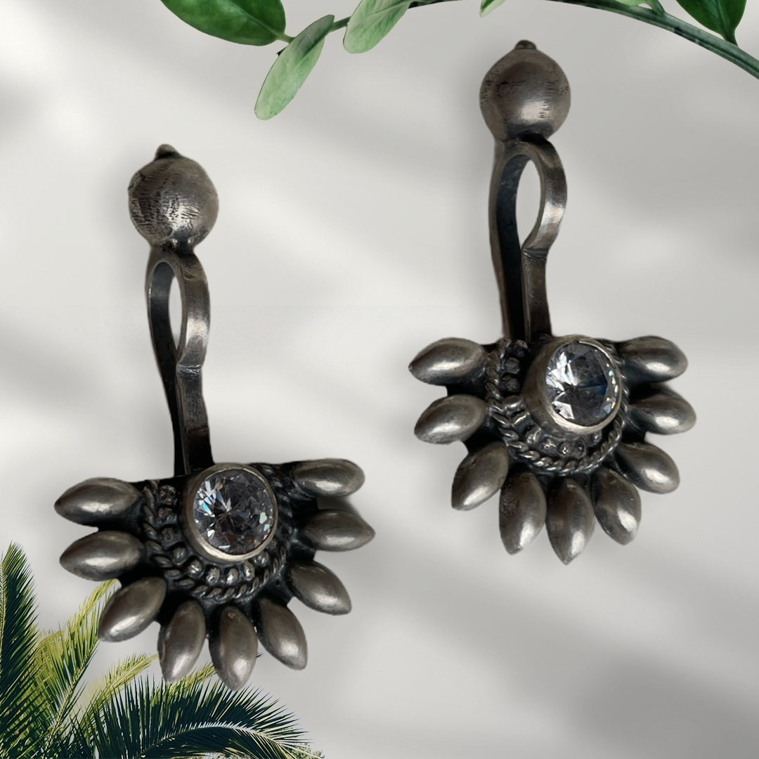 925 Sterling Silver Oxidised Designer Tribal Upper Ear Bugadi Clip Earrings for Women/Girls With White CZ