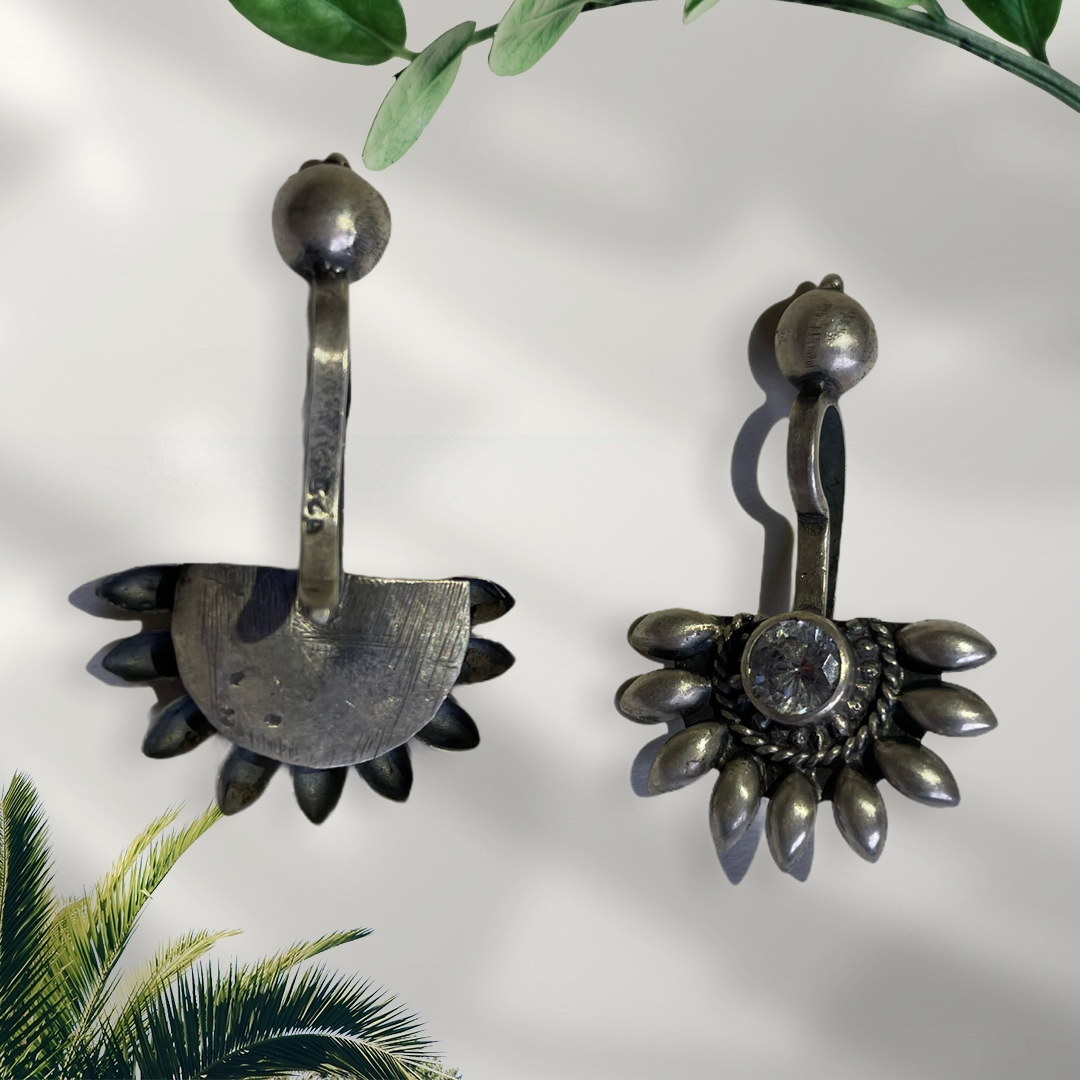 925 Sterling Silver Oxidised Designer Tribal Upper Ear Bugadi Clip Earrings for Women/Girls With White CZ